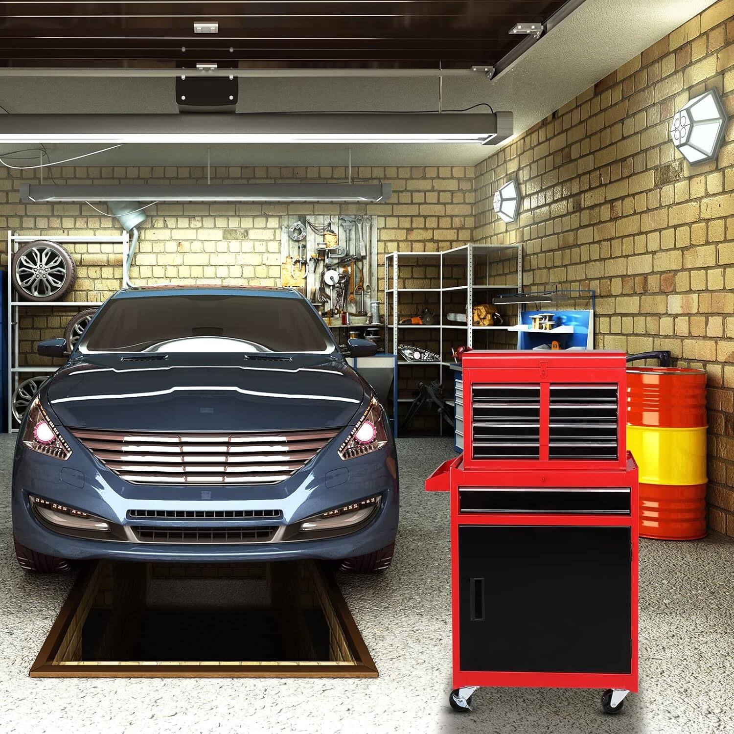 Left. Winado - 5-Drawer Rolling Tool Chest Storage Cabinet w/Drawers, Wheels, Detachable Top - Red & Black.