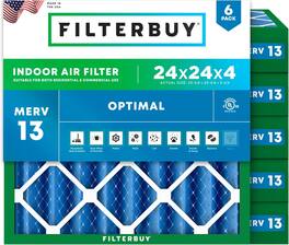 Filterbuy - 24x24x4 MERV 13 Smoke & Allergy Defense, Electrostatic Pleated HVAC AC Furnace Air Filters Replacement (6-Pack) - Blue