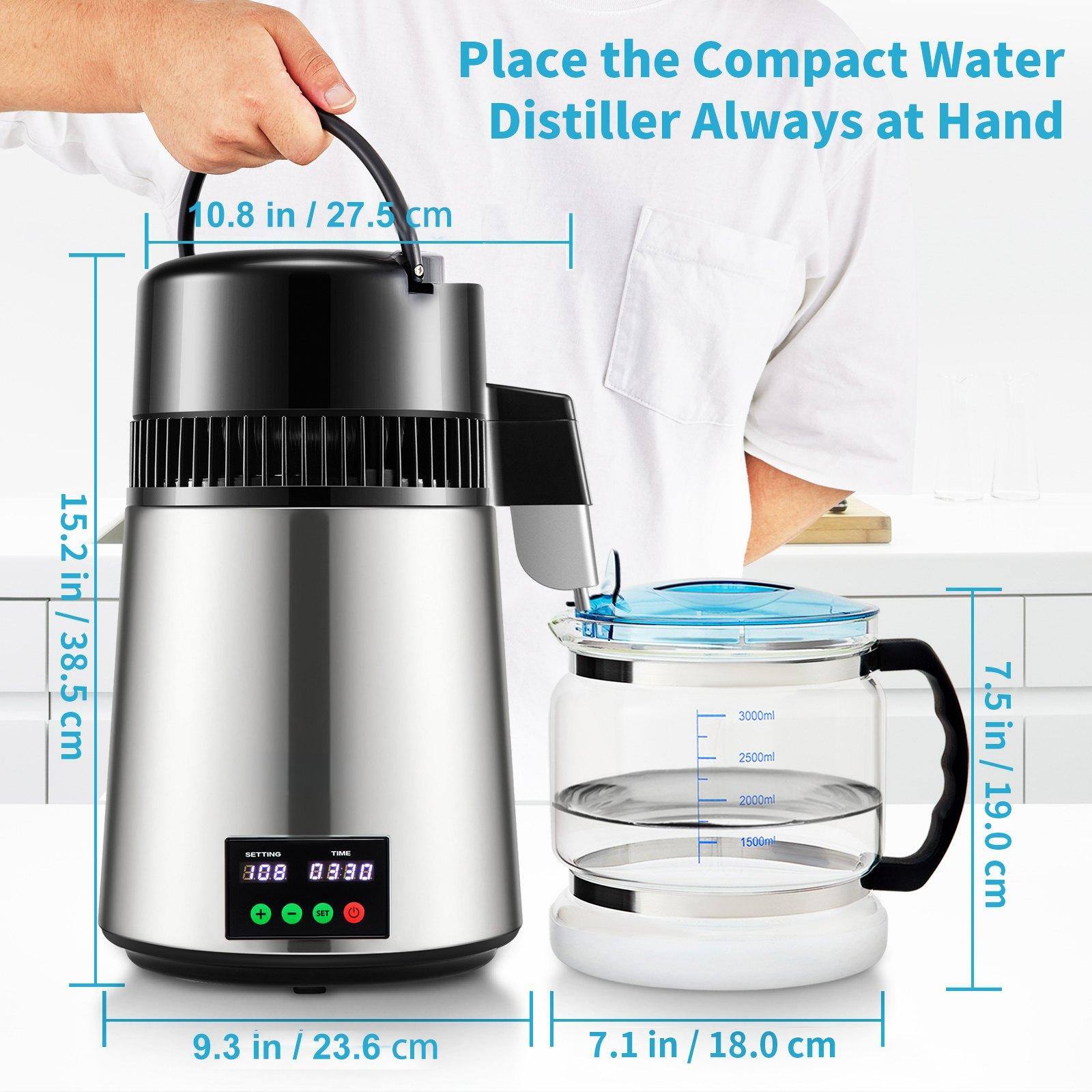 Place the Compact Water Distiller Always at Hand

- Height: 15.2 in / 38.5 cm
- Width: 9.3 in / 23.6 cm
- Depth: 7.5 in / 19.0 cm
- Water Container Capacity: 3000ml, 2500ml, 2000ml, 1500ml