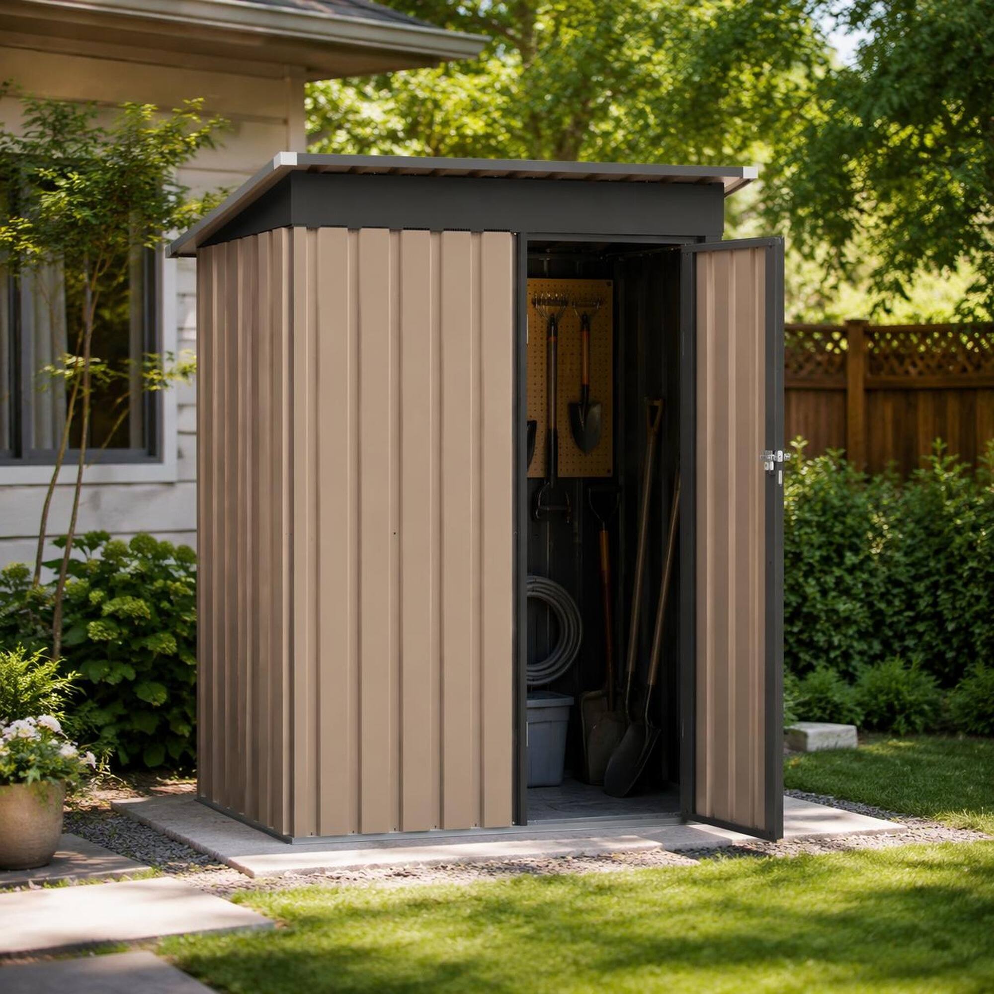 Back. RYHNUYNE - 5 x 3 FT Metal Garden Shed,Outdoor Storage Shed with Hinged Door for Backyard Patio Lawn - Black+Brown.