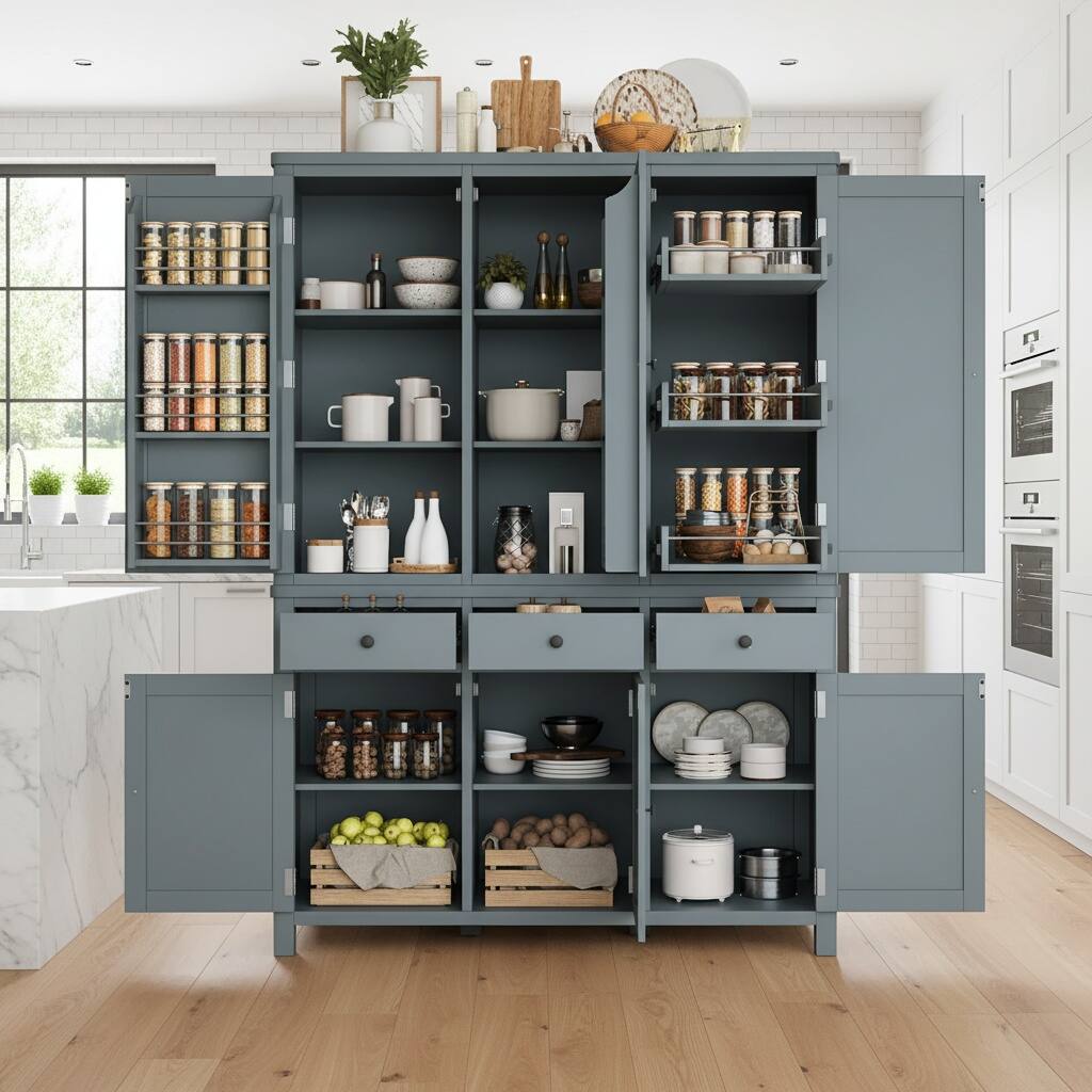 Left. Forest'nSky - 74.8" Tall Kitchen Pantry, 53" Wide Large Storage Cabinet with Drawers & Pull-Out Trays, Gray - Gray.