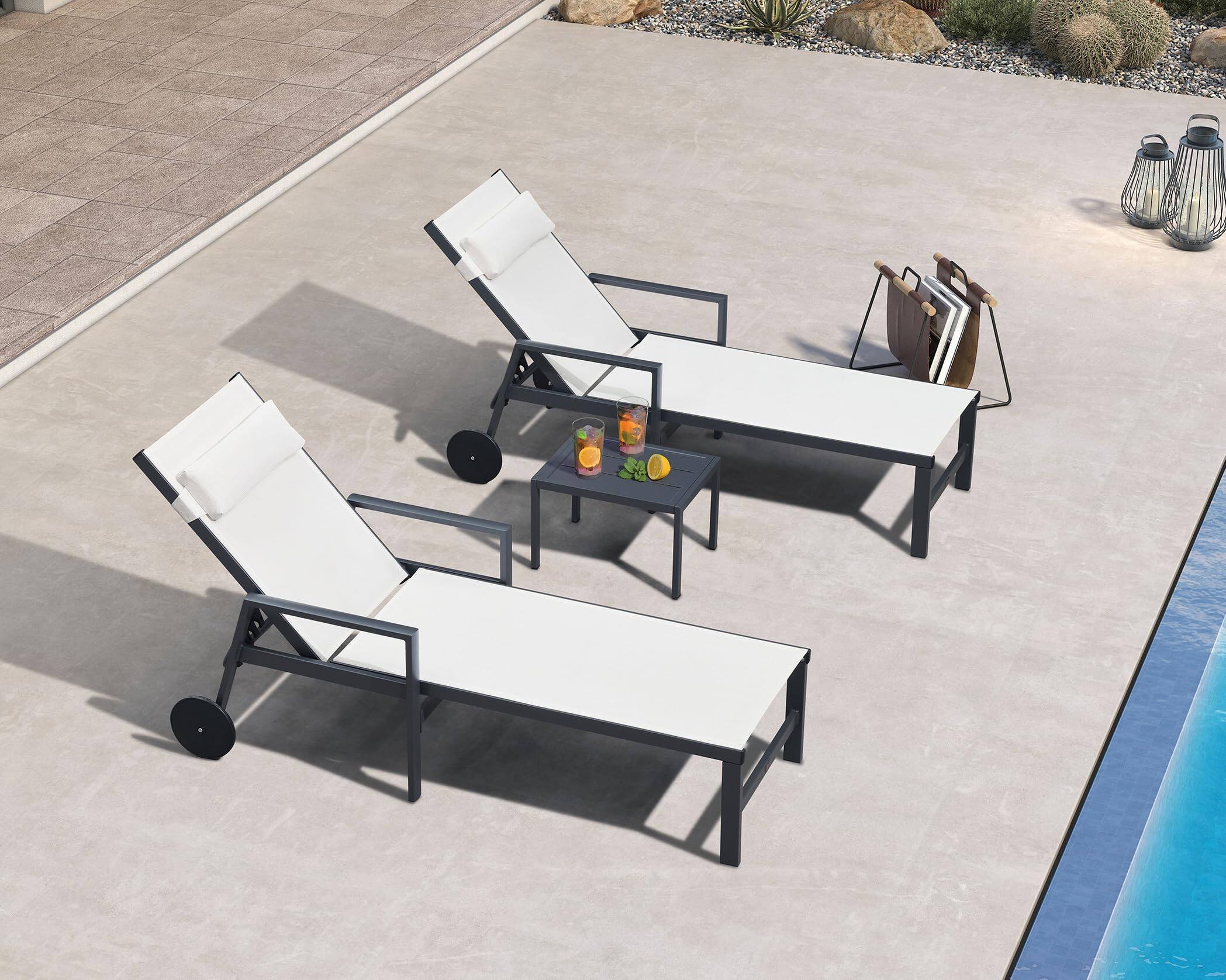 Alt View 1. PURPLE LEAF - 3-Pieces Aluminum Frame with Armrest Side Table and Wheels for Outside Sunbathing Recliner Including Pillows, White - White.