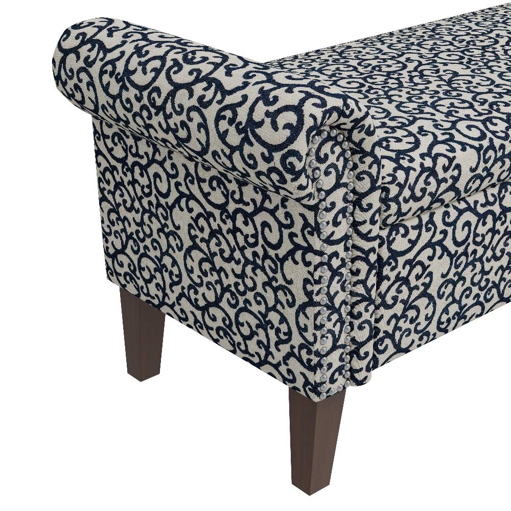 Left. Ropilly - Ropilly Rolled Arm Storage Bench Upholstered Entryway Ottoman with Nailhead Trim, Black Patterned Fabric - Black.