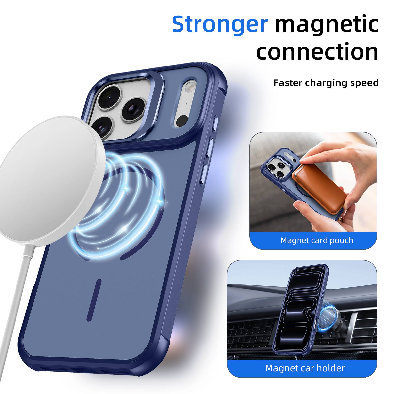 Stronger magnetic connection  
Faster charging speed  
Magnet card pouch  
Magnet car holder