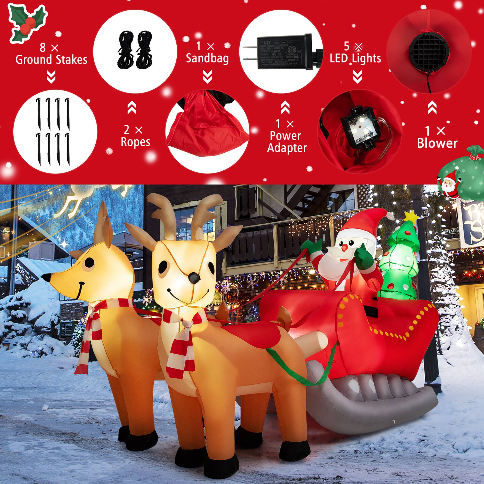 The text on the image is grouped and corrected as follows:
1. Ground Stakes: 8
2. Sandbag: 1
3. LED Lights: 5
4. Ropes: 2
5. Power Adapter: 1
6. Blower: 1
The image features a Christmas display with a reindeer and Santa Claus, along with various accessories and decorations.