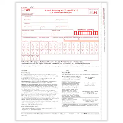 1096 Department the Treasury Revenue Service
Annual Summary and Transmittal of U.S. Information Returns
No.
FILER'S
address
Room
Country
foreign
Name
contact
number
For Official Use Only
address
number
forms
income tax withheld
Total
this Form
DOX below
type
form
filed.
W-20
1098-C 1098-8
1098-0
1099-A
1099-C
2
16
1099-5
72
5498-QA
27
Return this entire page to the Internal Revenue Service. Photocopies are not acceptable. Send this form, with the copies of the form checked in box 6, to the IRS in a flat mailer (not folded).
Signature
Title
Date
Instructions
Future developments. For the latest information about developments related to Form 1096, such as legislation enacted, go to www.irs.gov/Form1096.
Who must file. Any person or entity who files any form checked in box 6 must file Form 1096 to transmit those