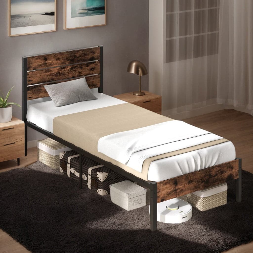 Kadyn - Platform Bed Frame, Bedroom Bed Frame,Full/King/Queen/Twin Size Bed Frame with High Headboard and Mute Bar-Twin Size - Brown