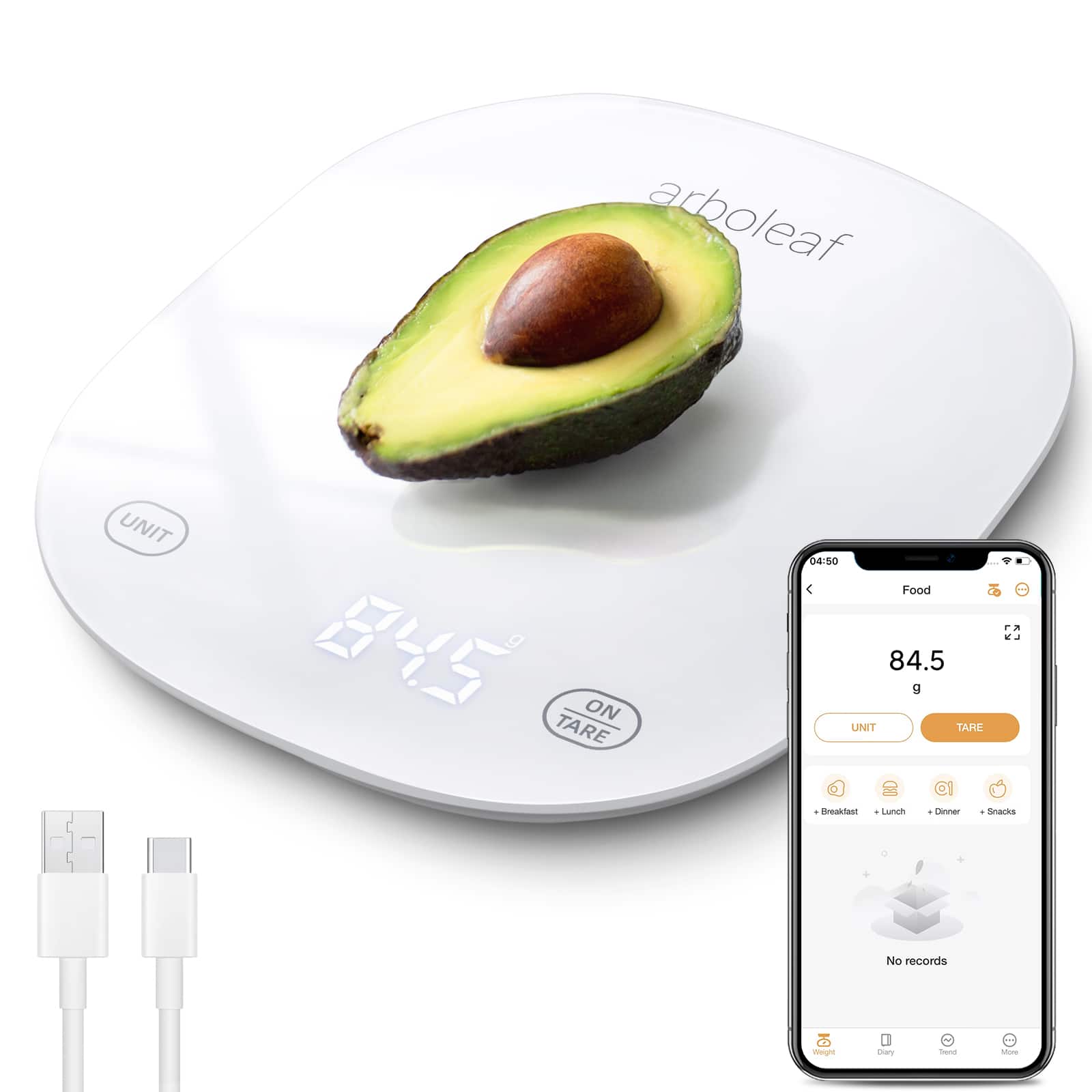 arboleaf  
UNIT 845  
ON TARE  

Food  
84.5 g  

UNIT  
TARE  

Breakfast  
Lunch  
Dinner  
Snacks  

No records