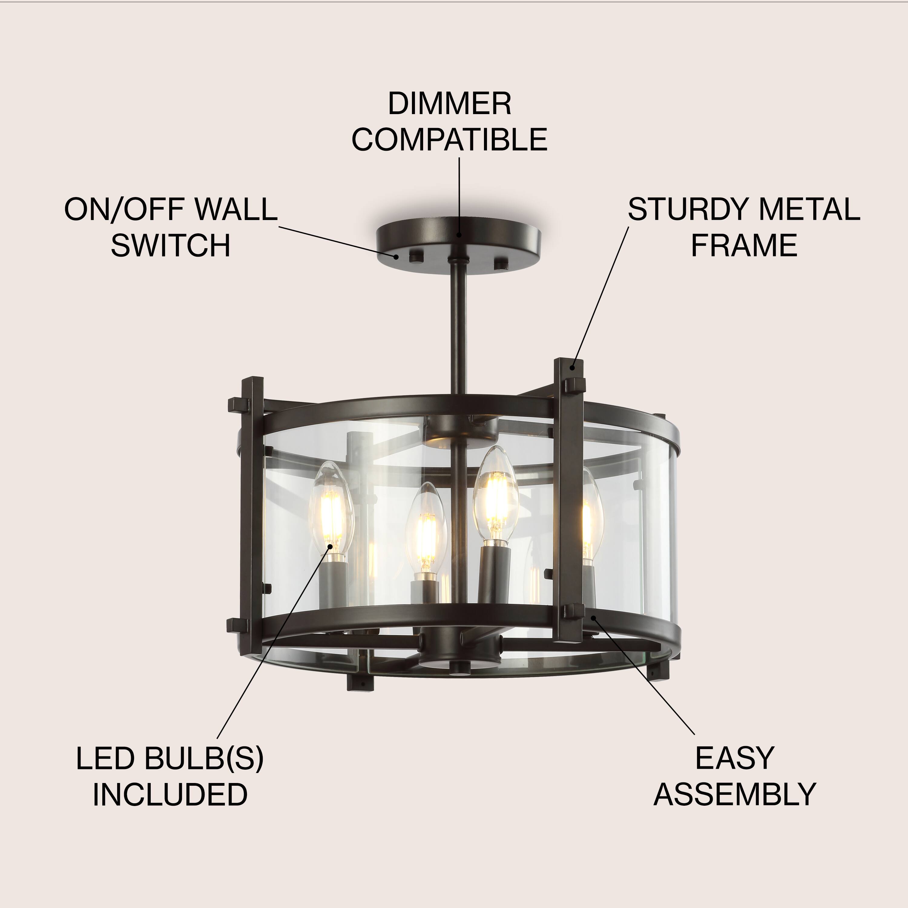 - Dimmer Compatible
- On/Off Wall Switch
- Sturdy Metal Frame
- LED Bulb(s) Included
- Easy Assembly