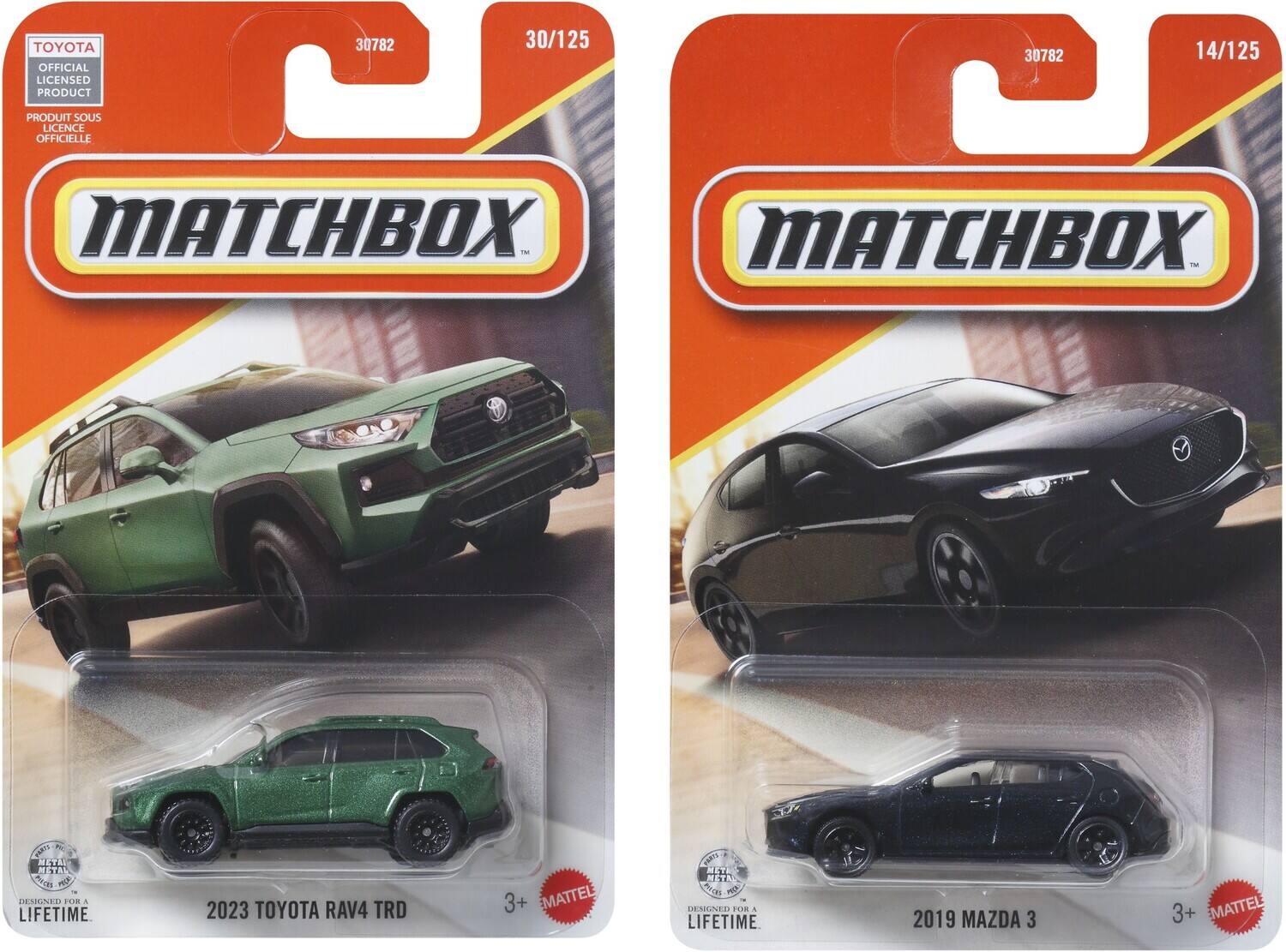 TOYOTA OFFICIAL LICENSED PRODUCT  
30782  
30/125  

PRODUIT SOUS LICENCE OFFICIELLE  
MATCHBOX  
MATCHBOX iM  
METAL  
DESIGNED FOR A LIFETIME  

2023 TOYOTA RAV4 TRD  

MAZDA  
3+  
MATTEL  

2019 MAZDA 3