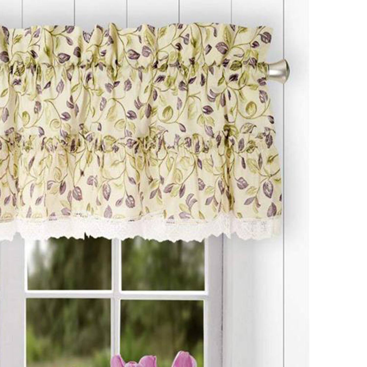 Angle. Ellis Curtain - Ellis Curtain Clarice Room Darkening Natural Color Classic Print Ruffled Window Valance - 52 x12" Violet - Violet.