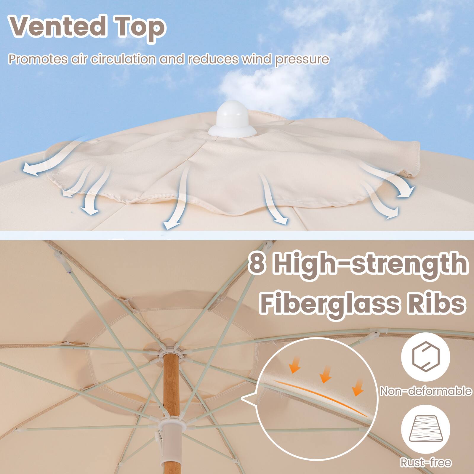 Vented Top  
Promotes air circulation and reduces wind pressure  

8 High-strength Fiberglass Ribs  
Non-deformable  
Rust-free