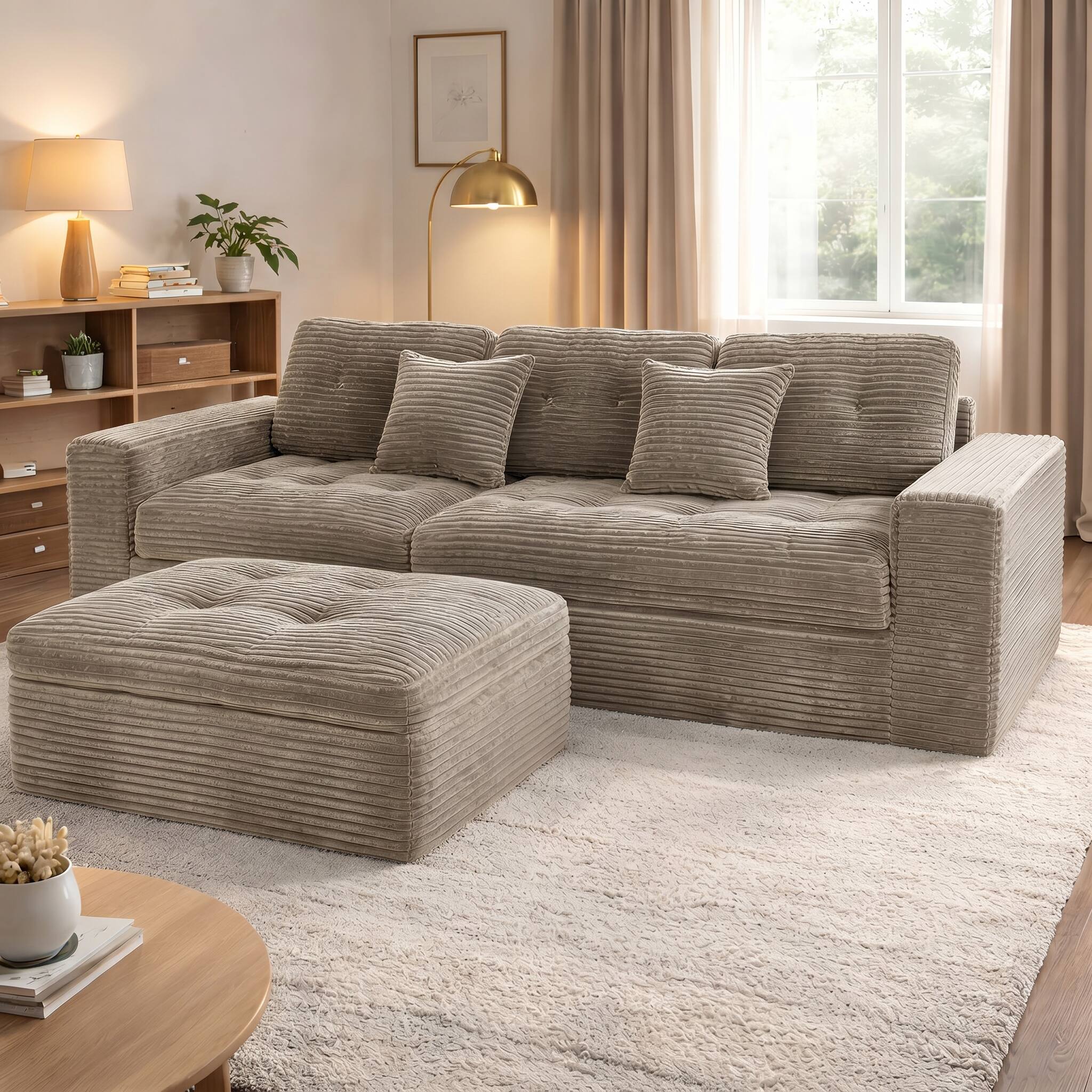 Alt View 1. Anysun - Modular Cloud Sofa Set, 105" DIY Sectional w/ Ottoman, Pure Foam, Faux Rabbit Fur Velvet, Living Room Couch - Khaki.