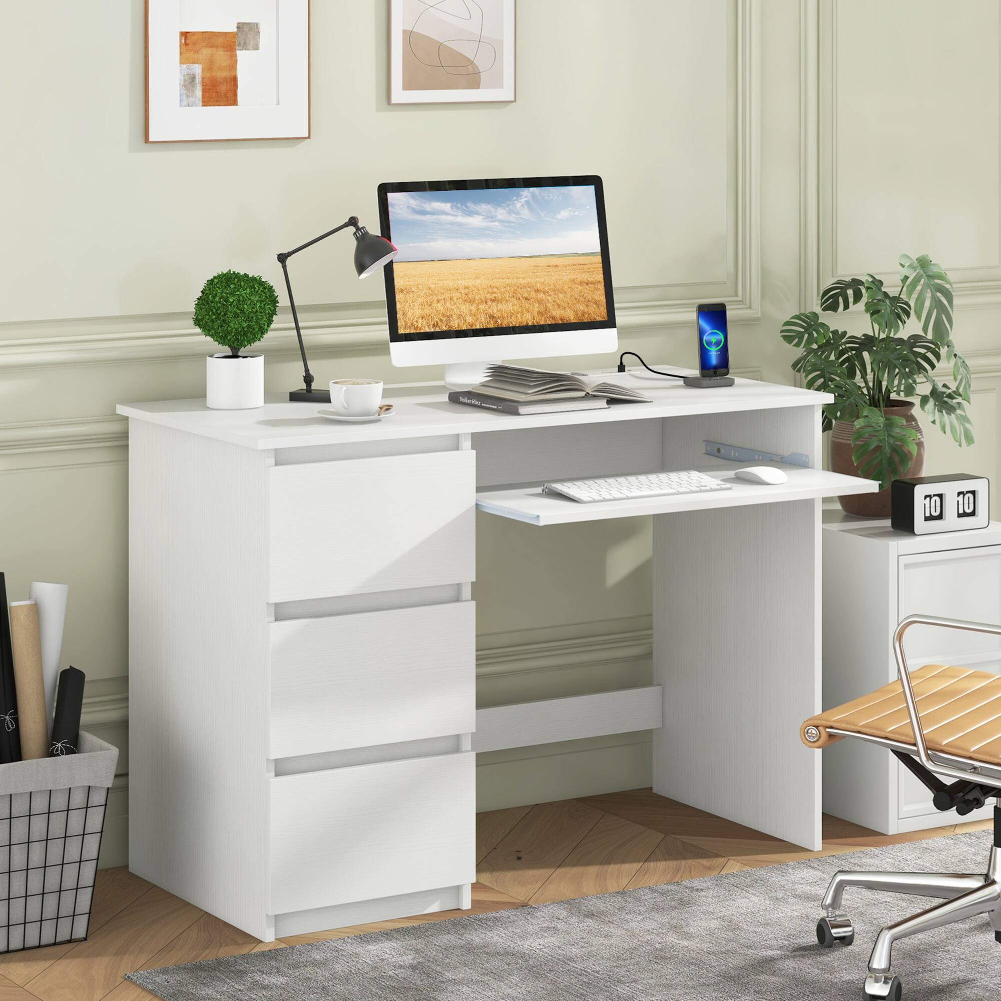 Left. Costway - Costway Computer Desk with Built-in Charging Station USB & Type-C Ports Keyboard Tray & 3 Drawers White - White.