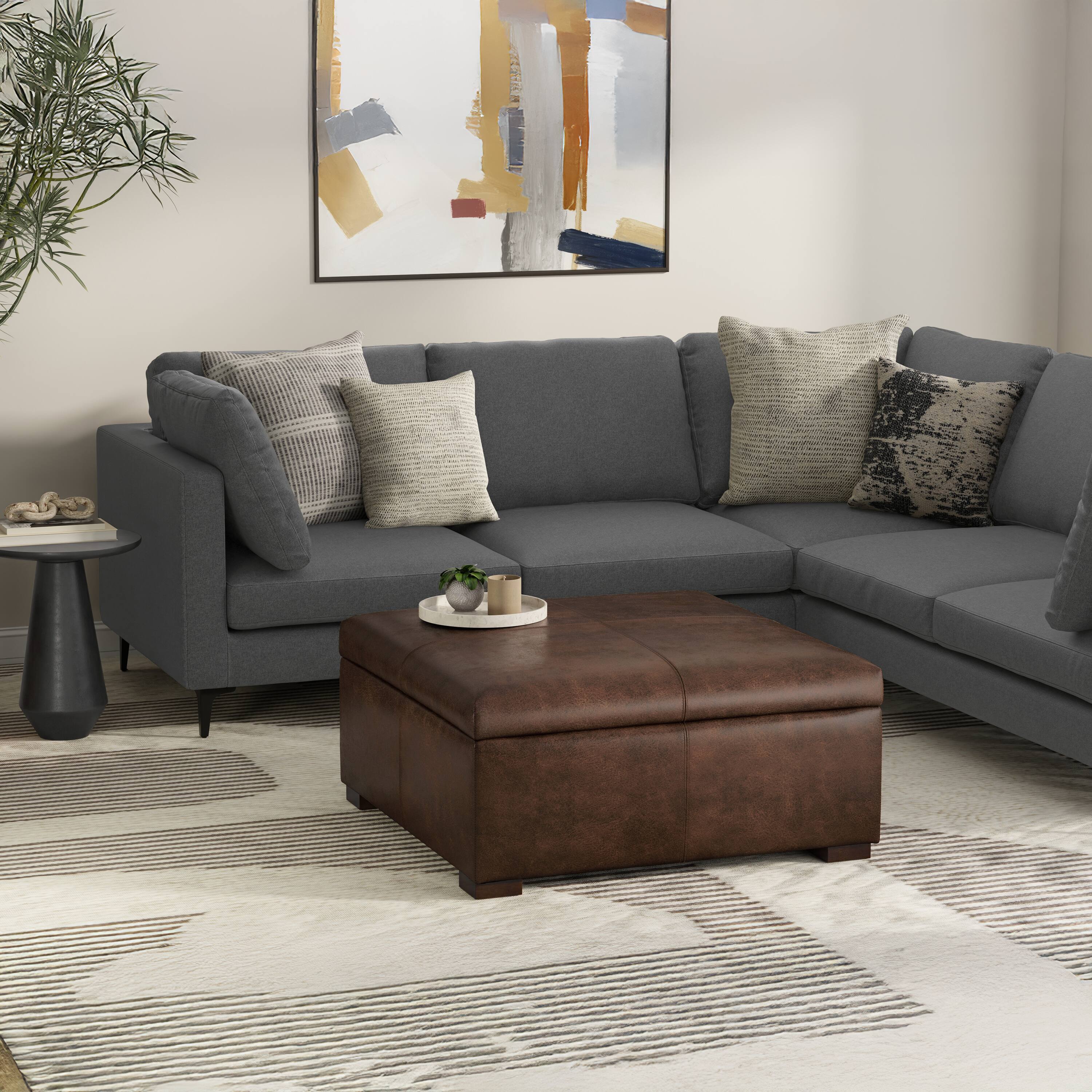 Left. Simpli Home - Gabbie 36 inch Wide Square Coffee Table Storage Ottoman in Distressed Chestnut Brown Vegan Leather - Distressed Chestnut Brown.