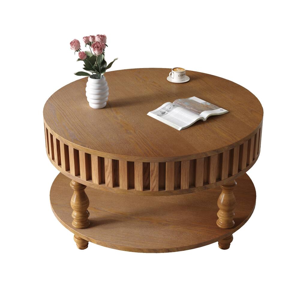 Alt View 10. Loheer - Loheer Farmhouse Fluted Coffee Table, Round Coffee Table with Hidden Storage, Walnut Brown - Walnut Brown.