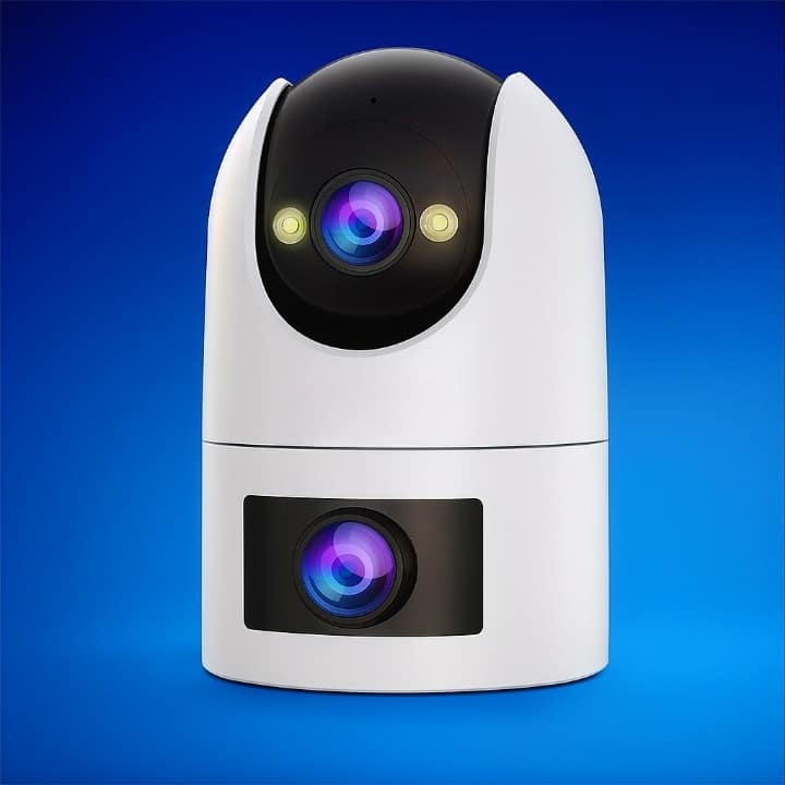 Zell Electronics - Dual Lens 5GHz WiFi Security Camera Auto Tracking, Color Night Vision, Voice Alerts, 2 Way Audio - White