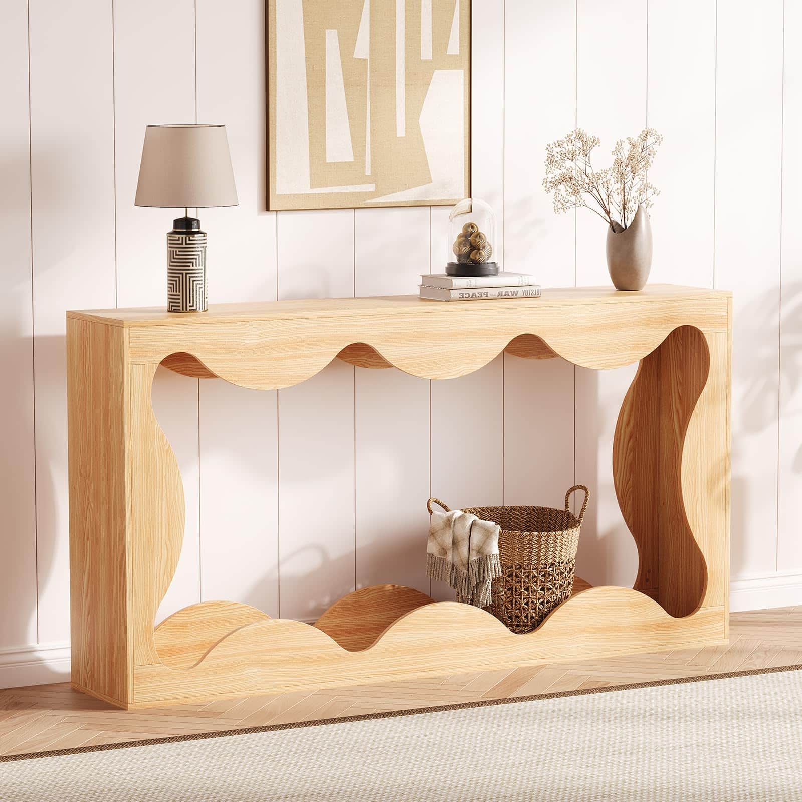 Qeetex - 63" Farmhouse Console Table with Scalloped Design, Narrow Entryway Sofa Table with Storage for Hallway - Natural