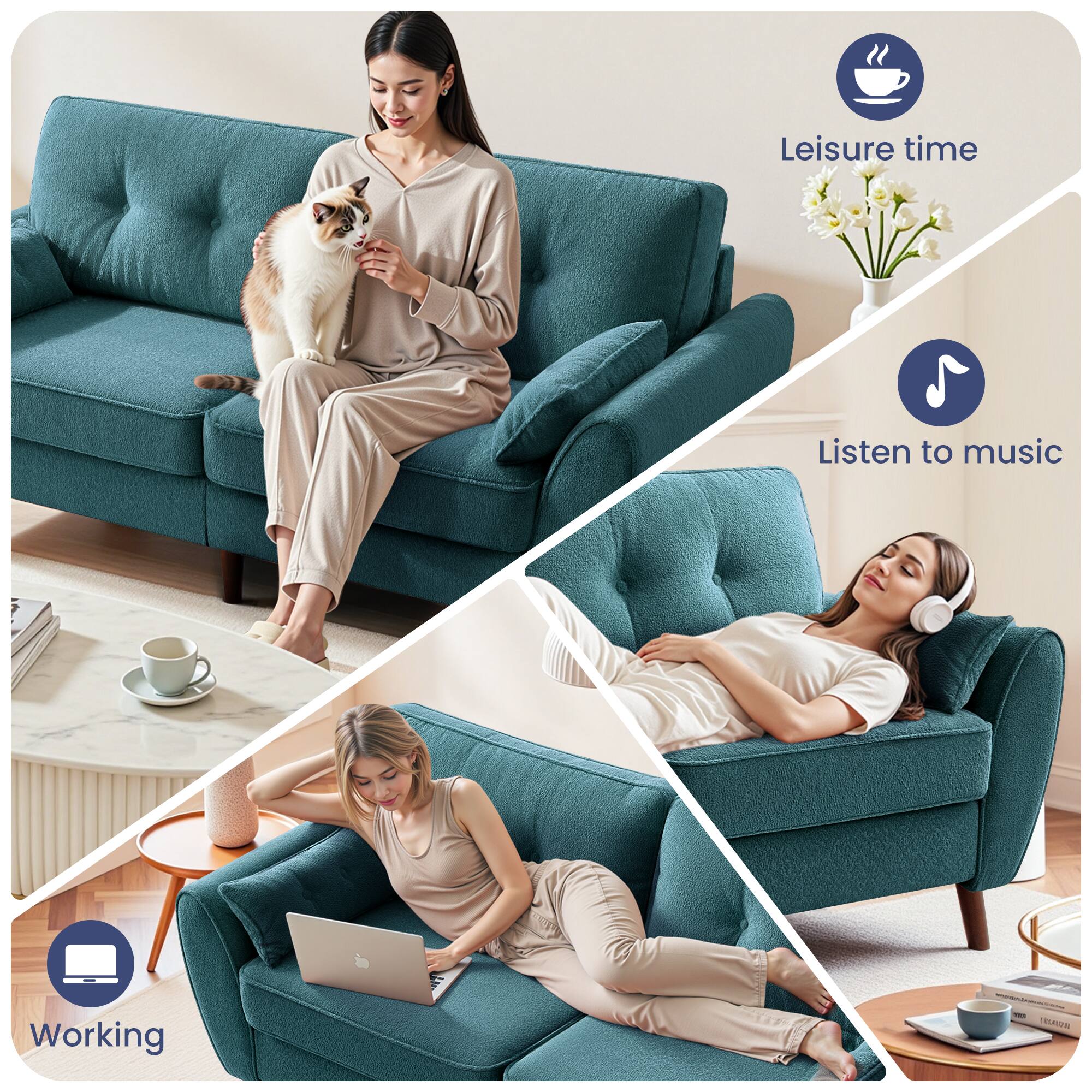 Leisure time  
Listen to music  
Working