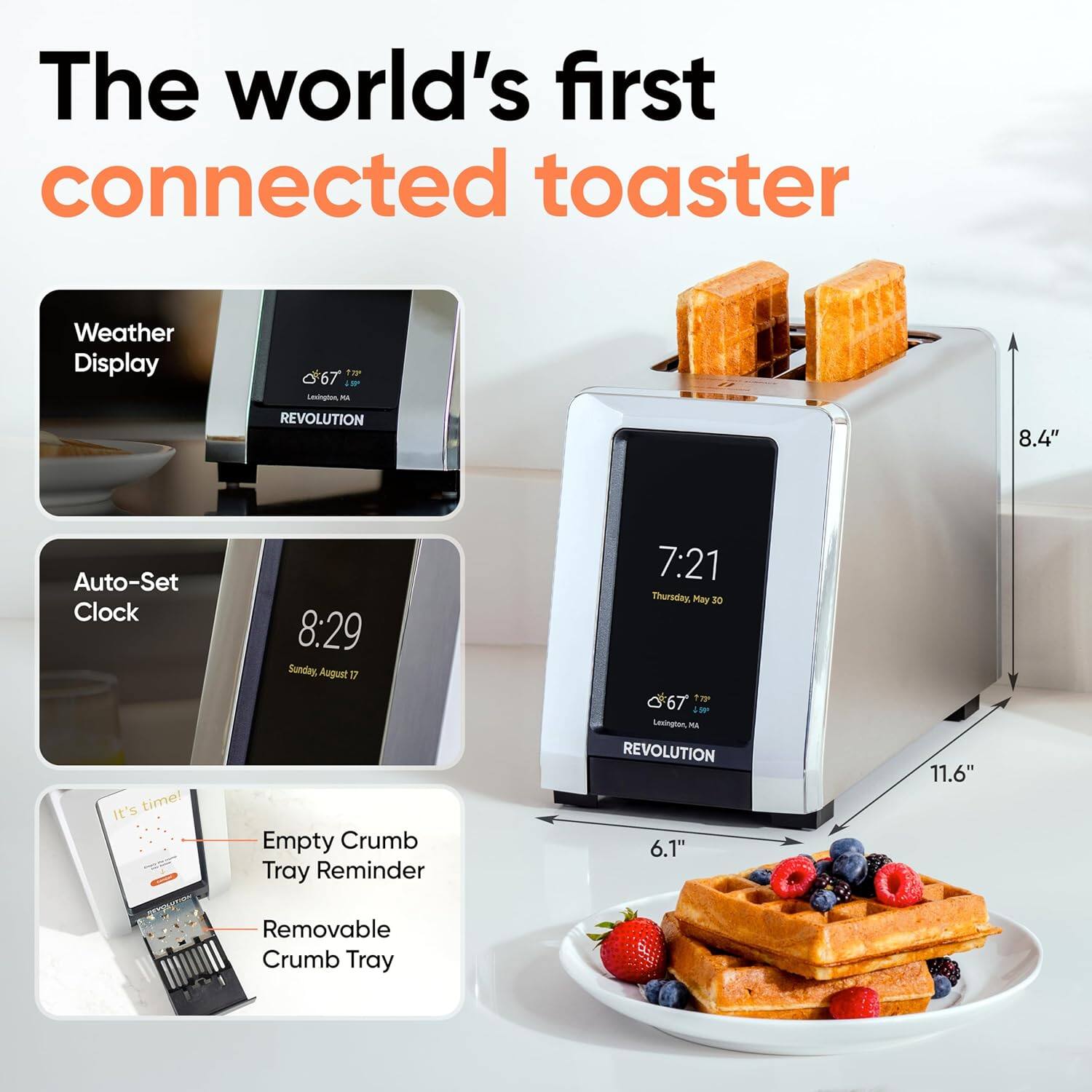 The world's first connected toaster

- Weather Display
- Auto-Set Clock
- Empty Crumb Tray Reminder
- Removable Crumb Tray

REVOLUTION 8.4" Auto-Set Clock
It's time! 8:29 Sunday August 17

REVOLUTION 6.1" 11.6" Removable Crumb Tray

7:21 Thursday May 30

67°F 72°F
Lexington, MA