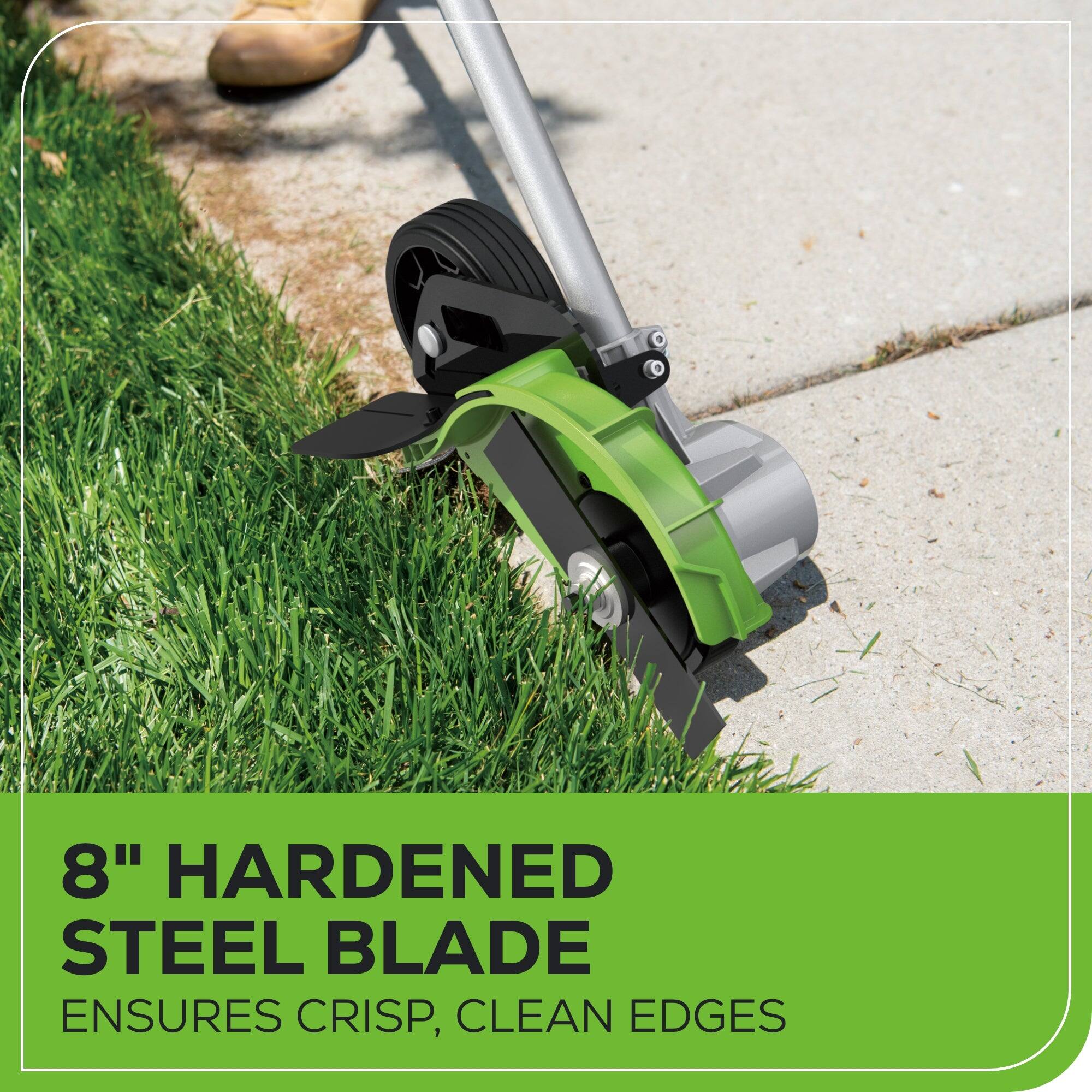 8" HARDENED STEEL BLADE ENSURES CRISP, CLEAN EDGES