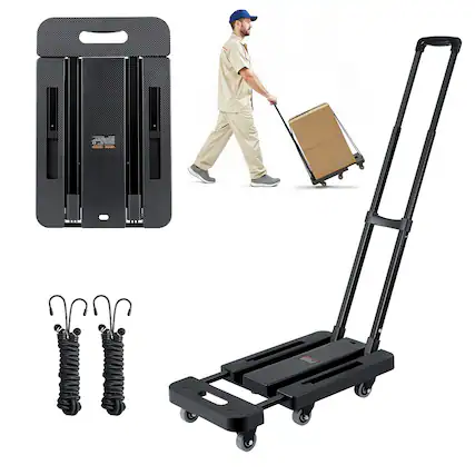 Front. VEVOR - Folding Hand Truck, 500 lbs Load Capacity, Collapsible Luggage Cart with 6 Wheels, 2 Elastic Ropes & Expandable Base - Black.