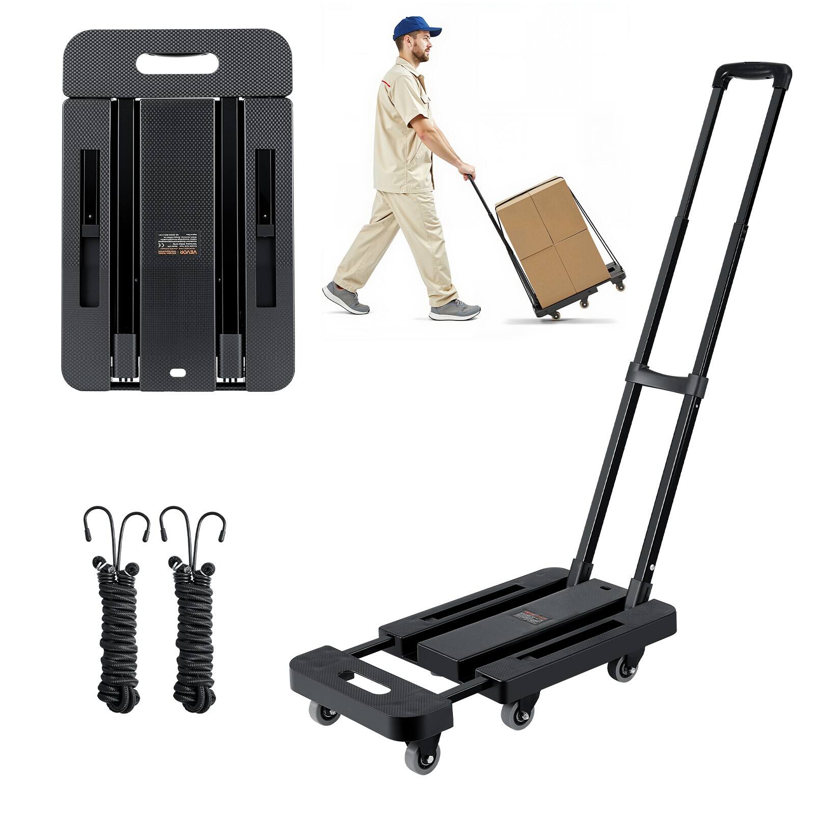 VEVOR - Folding Hand Truck, 500 lbs Load Capacity, Collapsible Luggage Cart with 6 Wheels, 2 Elastic Ropes & Expandable Base - Black