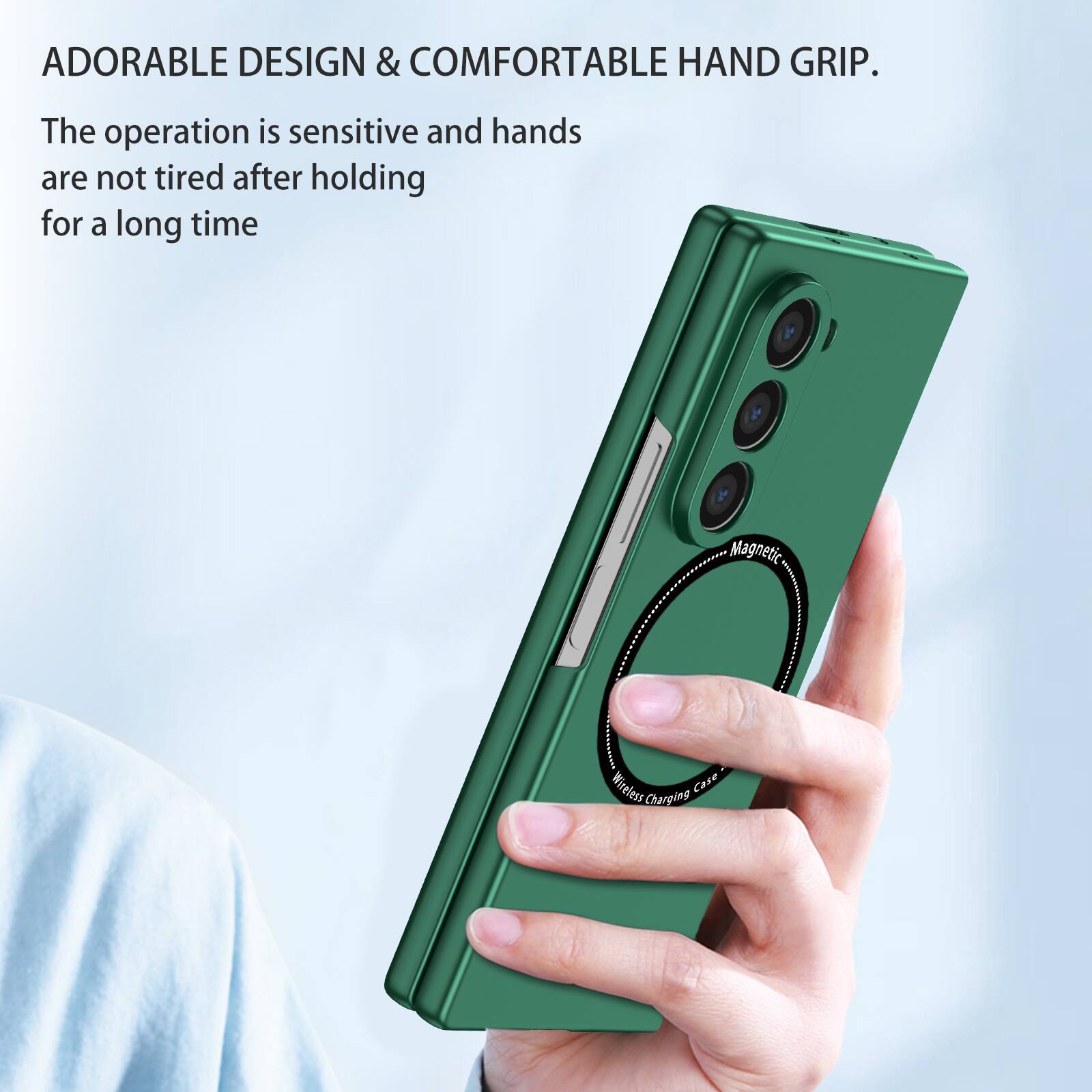 ADORABLE DESIGN & COMFORTABLE HAND GRIP.  
The operation is sensitive and hands are not tired after holding for a long time.  
Magnetic Wireless Case Charging