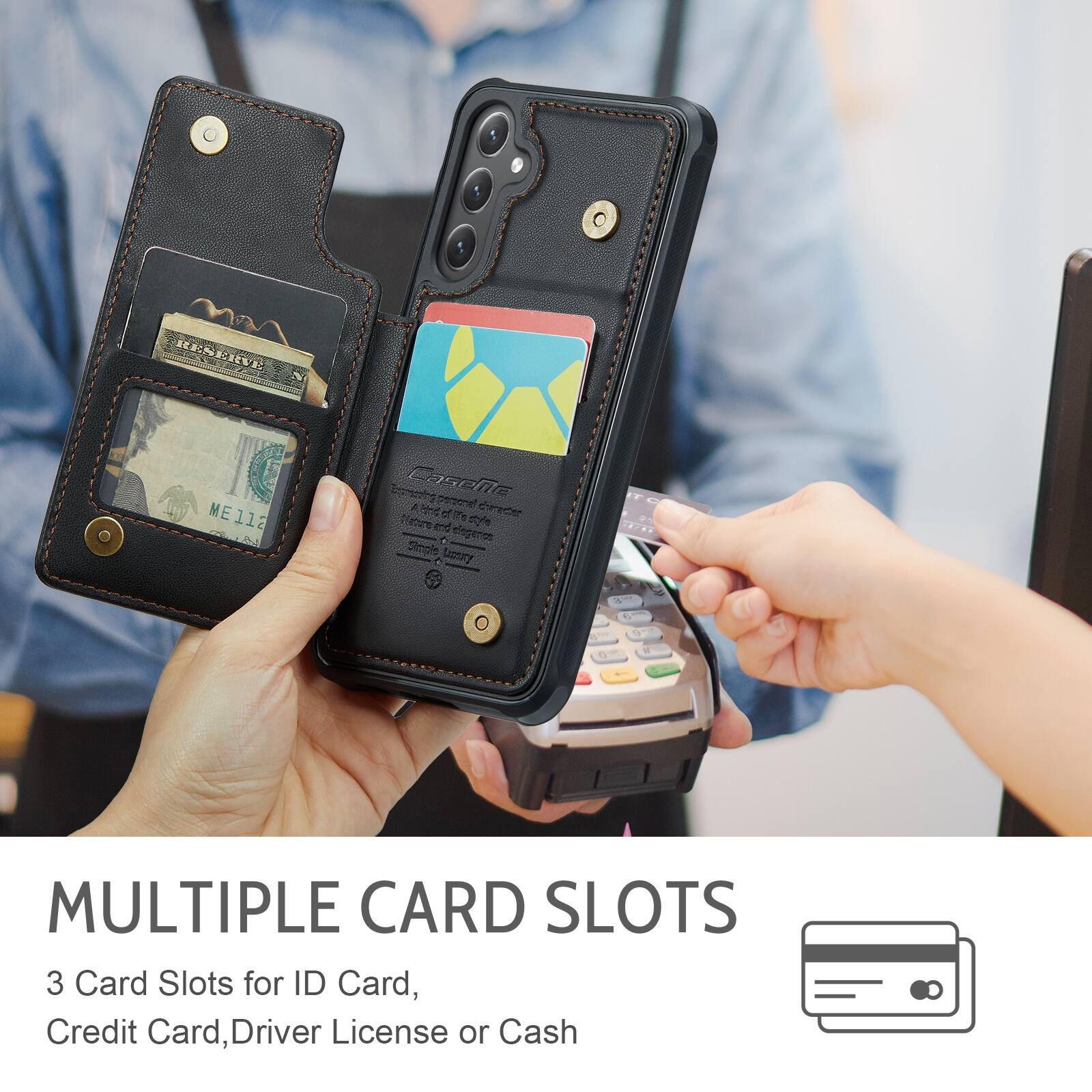 RESERVE ME112 ME  
hintorn Castnr A shinran rece c NnE efte nohing_to_trnscribe E sye . elegancs C Lastry .  

1  
MULTIPLE CARD SLOTS  
3 Card Slots for ID Card, Credit Card, Driver License or Cash