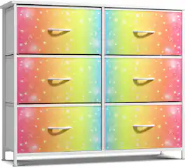 Sorbus - Dresser with 6 Drawers, Furniture Storage Tower Unit for Bedroom, Hallway, Closet Wood Top Fabric Drawers Chest - Rainbow & Stars