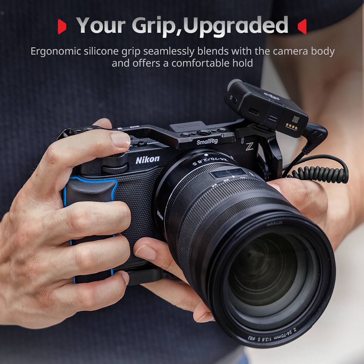 Your Grip, Upgraded  
Ergonomic silicone grip seamlessly blends with the camera body and offers a comfortable hold  
GLO Nikon SmallRig S B'ZVOLVE Z  
IAAUH Z C $ 1:28 24-70mm