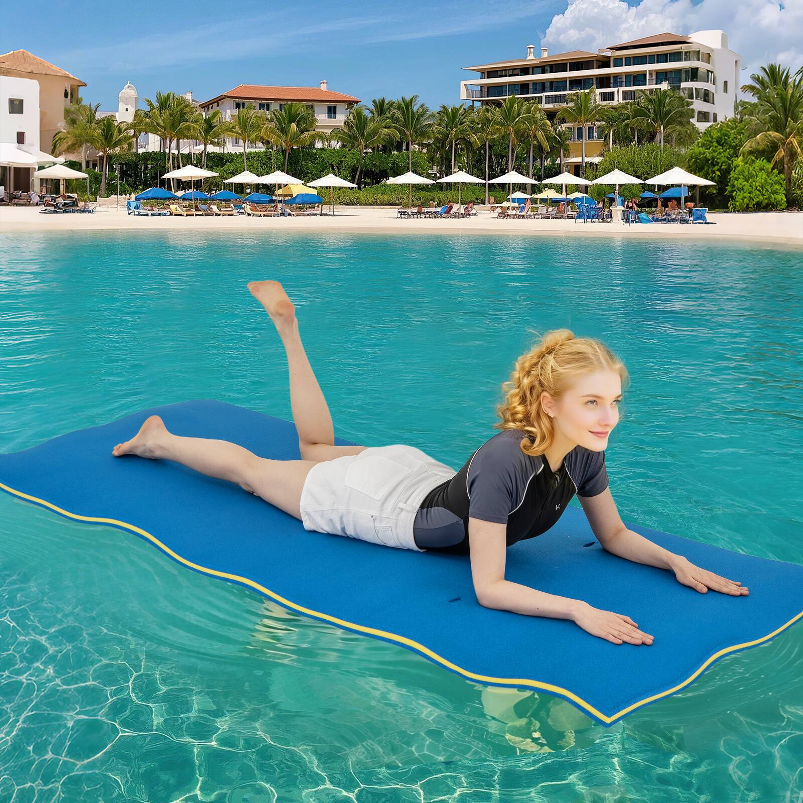 Alt View 3. Costway - Costway 3-Layer Tear-proof Water Mat Floating Pad Island Water Sports Relaxing - Blue.