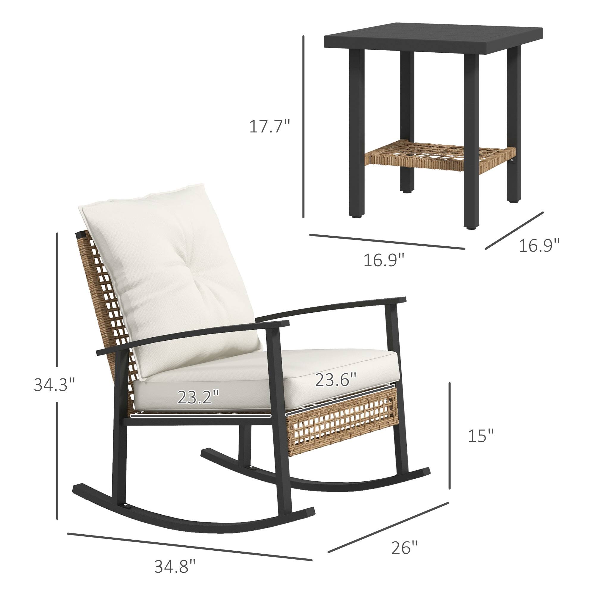 Chair: 34.3", 23.2", 23.6", 15", 34.8", 26"

Table: 17.7", 16.9", 16.9"