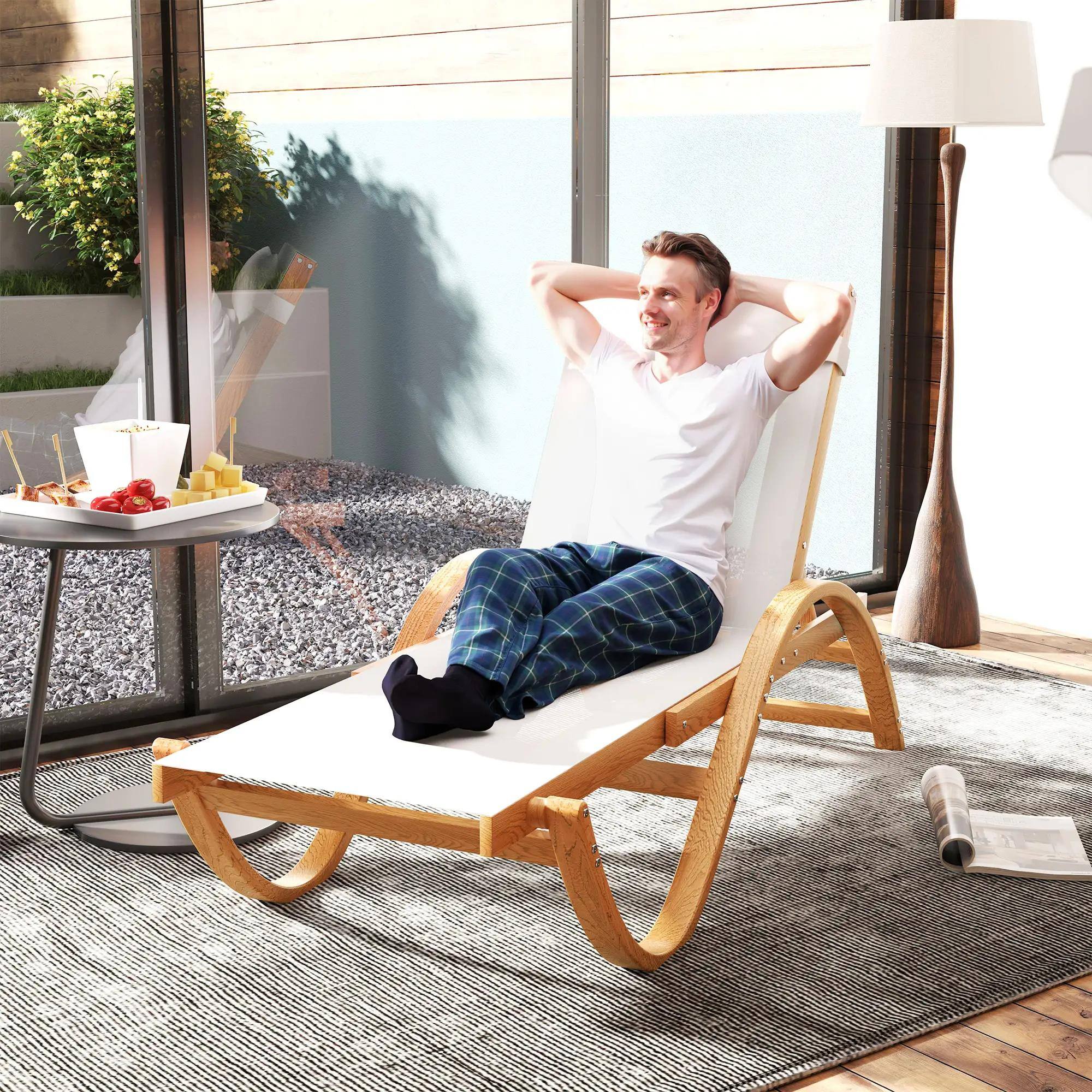 Alt View 2. Resenkos - Resenkos Larch Wood Tanning Lounger, 4-Level Adjustable Comfort Chair, Full Flat Patio Relaxer, Cozy Cream White - Cream White.