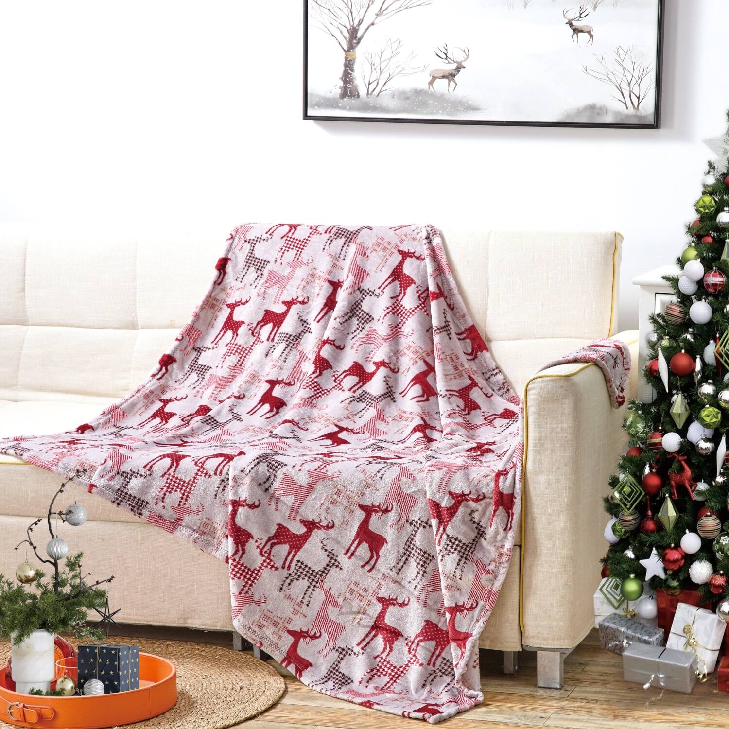 Alt View 4. Noble House - Plazatex Tan Reindeer Plush Decorative All Season Plum Throw Blanket 50" x 60" Tan - Tan.