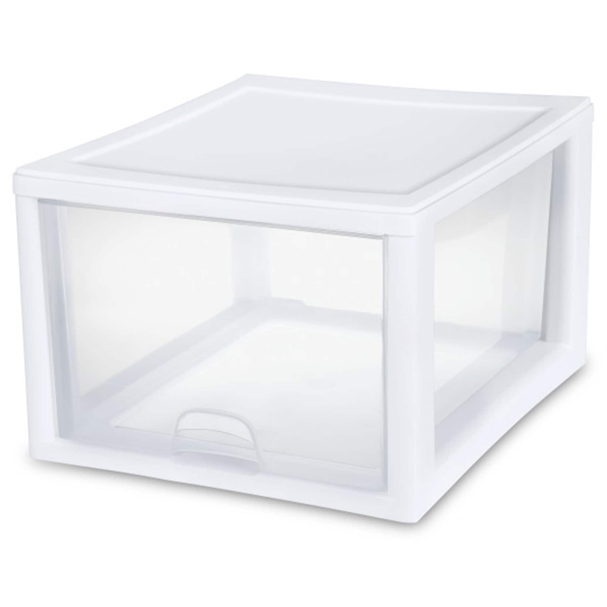 Sterilite - 27 Quart Clear & White Plastic Storage Bin with One Drawer, 16 Pack