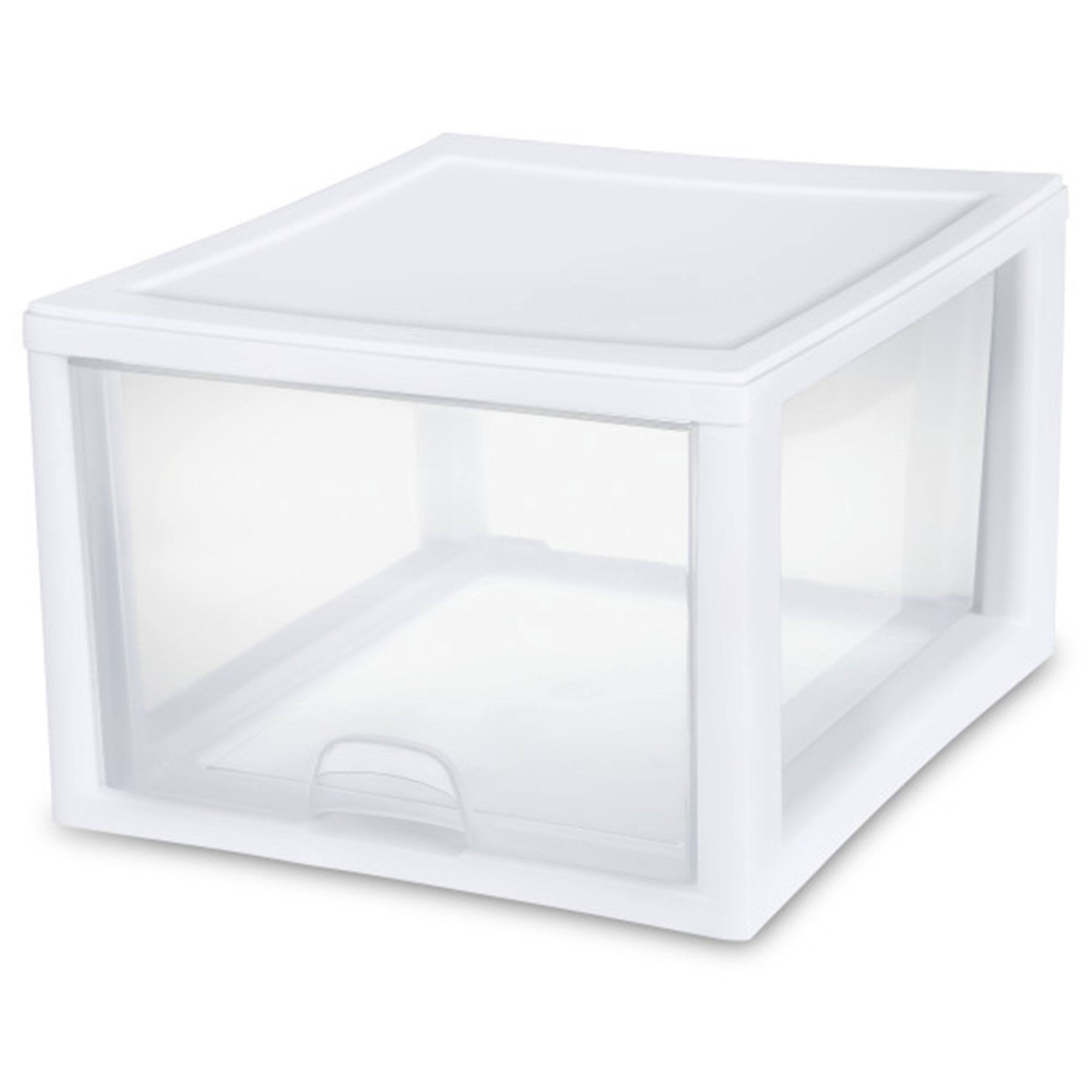 Front. Sterilite - Sterilite 27 Quart Clear & White Plastic Storage Bin with One Drawer, 8 Pack.