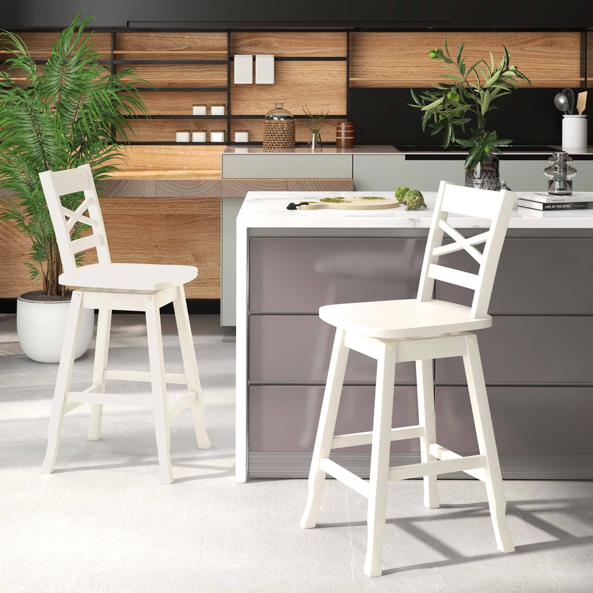 Alt View 3. Costway - 2 PCS 24" Counter Height Stool Rubber Wood Swivel Bar Stool with Inclined Backrest Cream - White.