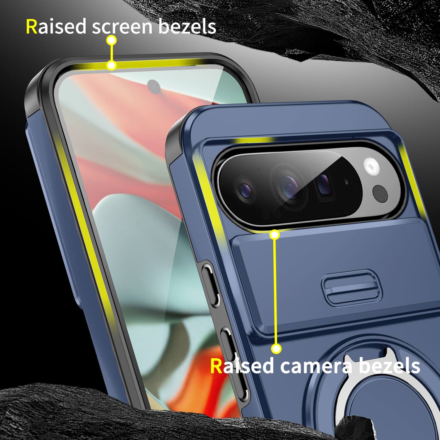 Raised screen bezels  
Raised camera bezels