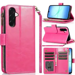 TJS - Phone Case for Samsung Galaxy A17 5G, Luxury Wallet Card ID Zipper Money Holder Cover - Pink