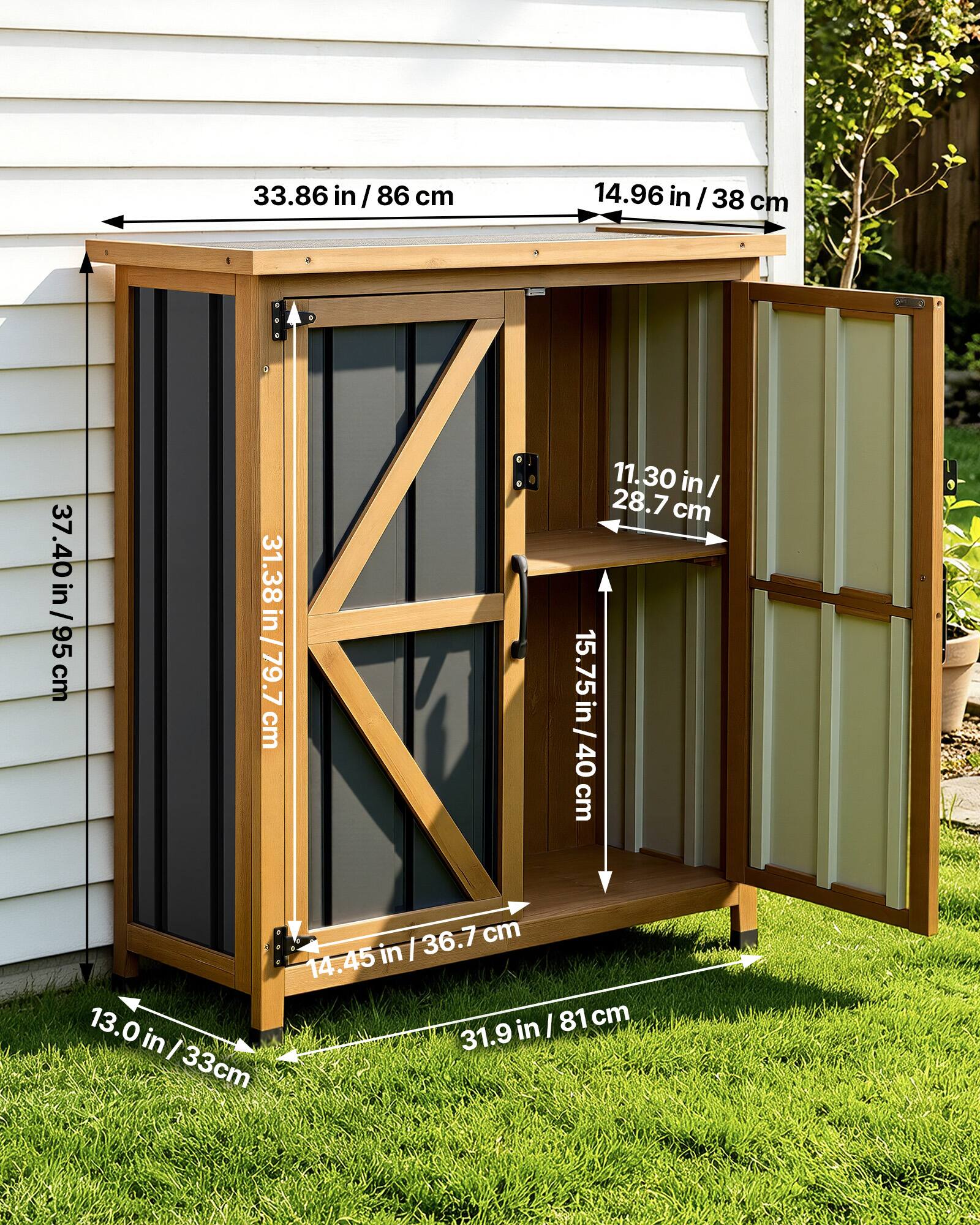33.86 in / 86 cm  
14.96 in / 38 cm  
37.40 in / 95 cm  
31.38 in / 79.7 cm  
11.30 in / 28.7 cm  
15.75 in / 40 cm  
13.0 in / 33 cm  
14.45 in / 36.7 cm  
31.9 in / 81 cm