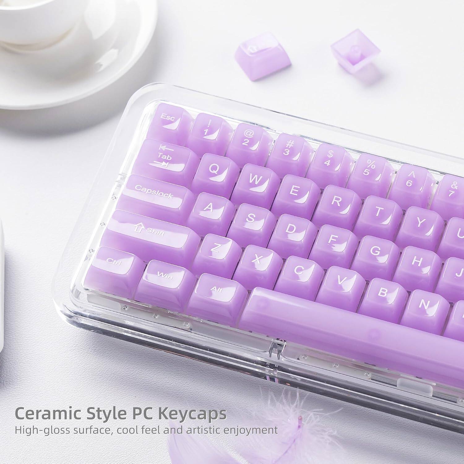 Esc K Tab Capslock @ Shift Ctrl Win  
! 1 Q A Z Alt  
2 W S X  
# 3 E D C  
$ 4 R F V  
% 5 T G  
6 Y H N  
& 7 J  
Ceramic Style PC Keycaps  
High-gloss surface, cool feel and artistic enjoyment