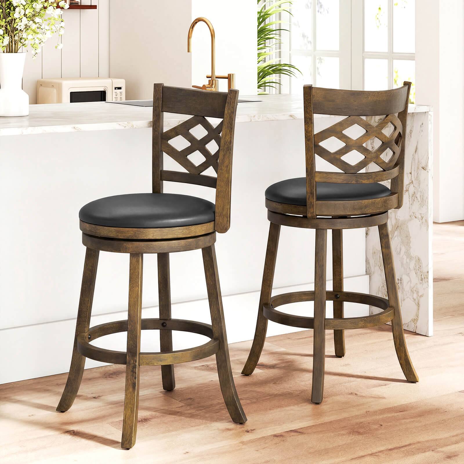 Alt View 3. Costway - Costway 31" Bar Height Stools Set of 2 with Rubber Wood Frame, Upholstered Seat & Footrest - Brown.