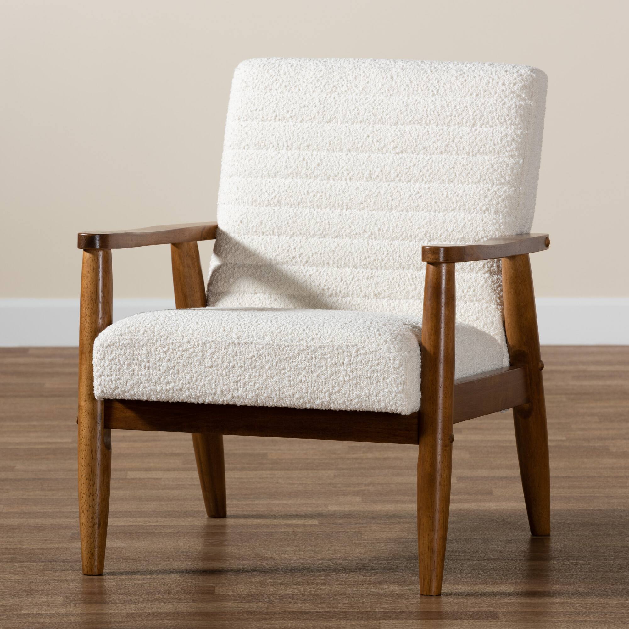 Alt View 5. Baxton Studio - Stratton Mid-Century Modern Boucle Fabric and Walnut Finished Wood Armchair - Cream/Walnut Brown.