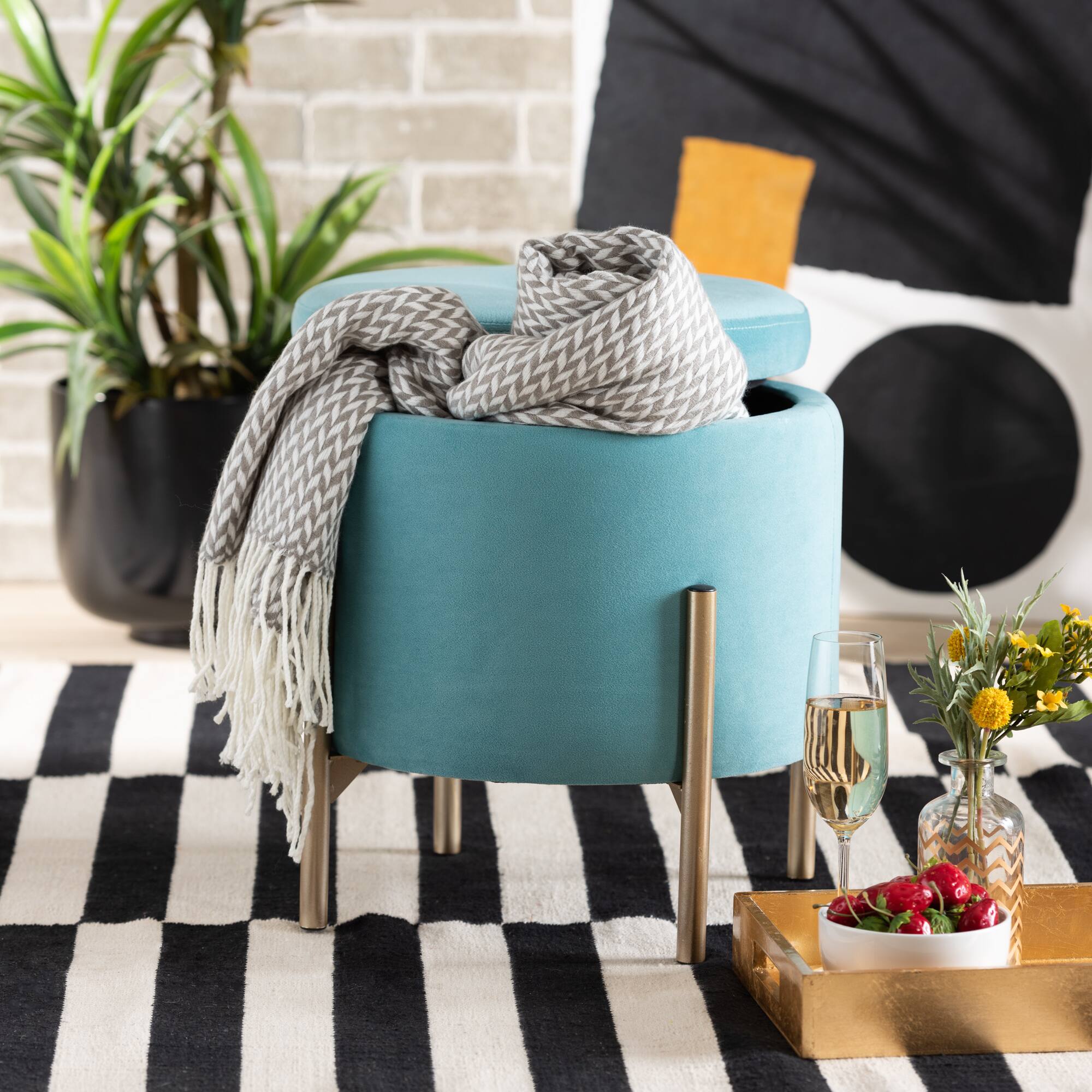 Alt View 4. Baxton Studio - Malina Contemporary Glam and Luxe Velvet Fabric Upholstered and Gold Finished Metal Storage Ottoman - Sky Blue/Gold.