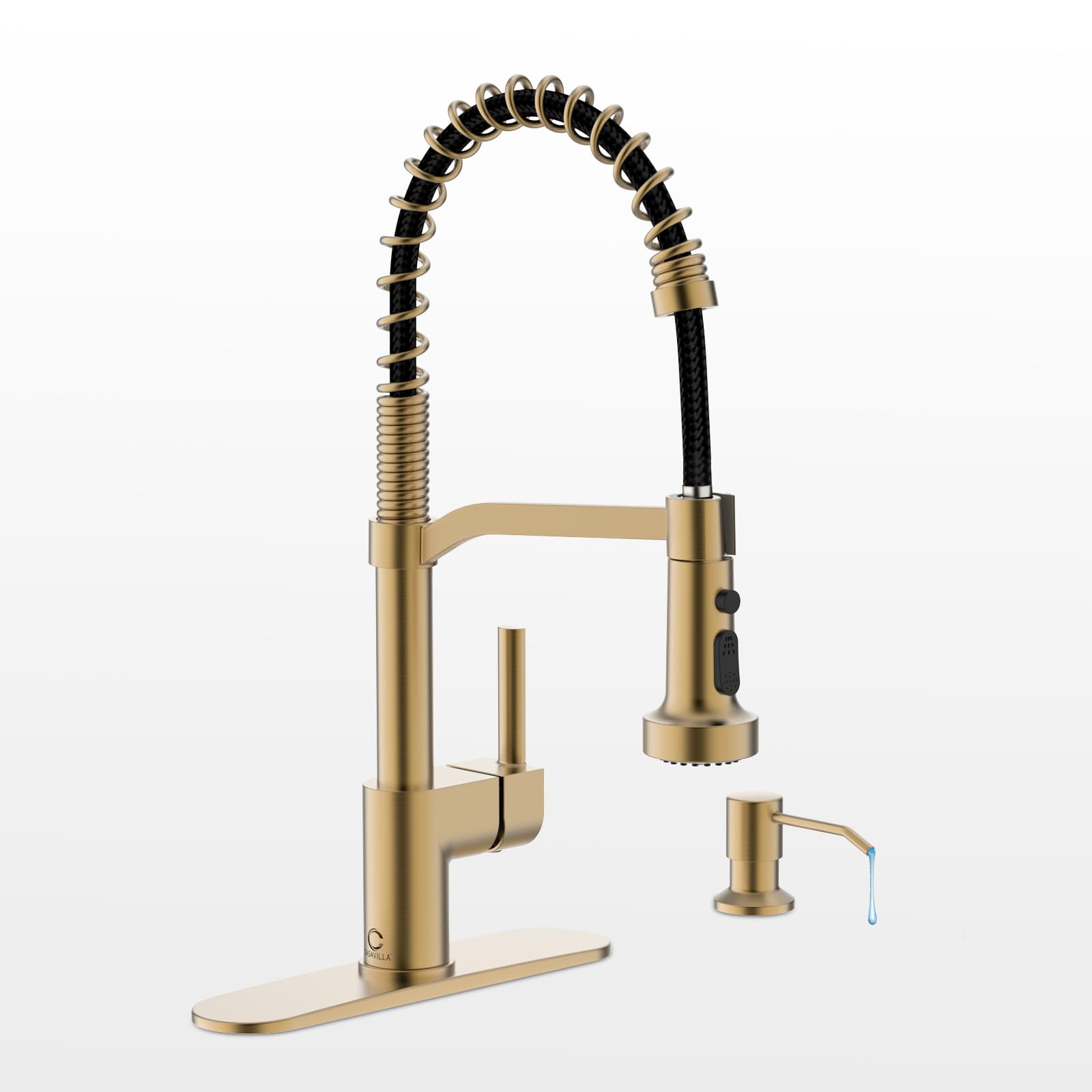 Dapper Styles - Kitchen Faucet Soap Dispenser For Sink With Deck Plate Pull Down Sprayer And Dual Function Spray Head - C-Brushed Gold-1.Faucet+Soap Dispenser+Hole Cover