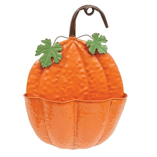 Front. BreeBe - Painted Metal Pumpkin Wall Pocket - Orange.