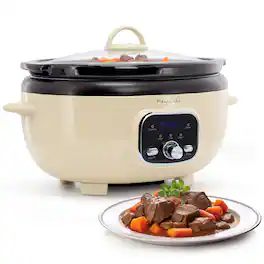 MegaChef - 3.7 Quart Oval Electric Digital Slow Cooker with Black Pot - Cream