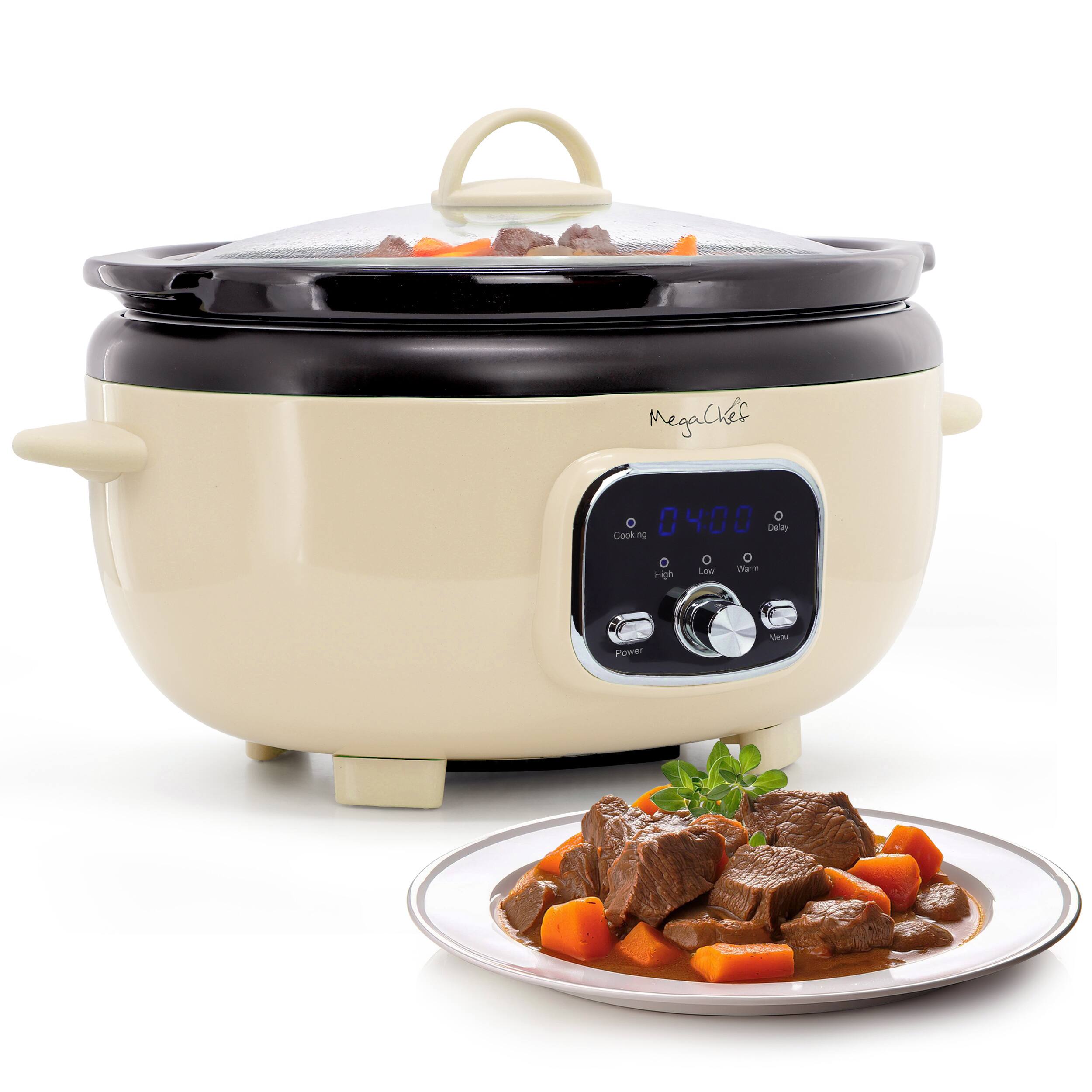 MegaChef - 3.7 Quart Oval Electric Digital Slow Cooker with Black Pot - Cream
