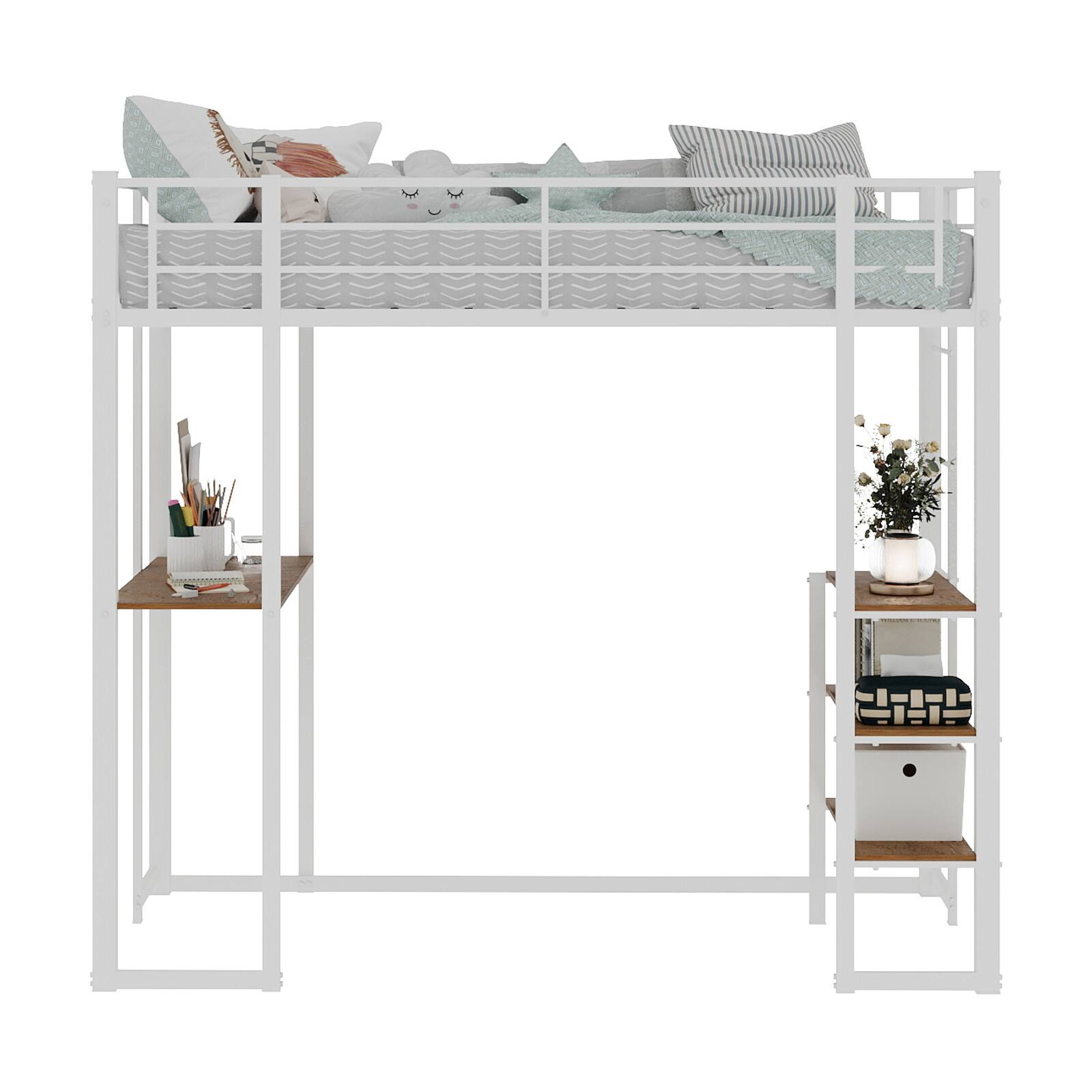 Alt View 7. Loheer - Loheer Twin Loft Bed with Desk and Storage Shelves Modern White Metal Wood Space Saving Frame for Small Rooms - White.